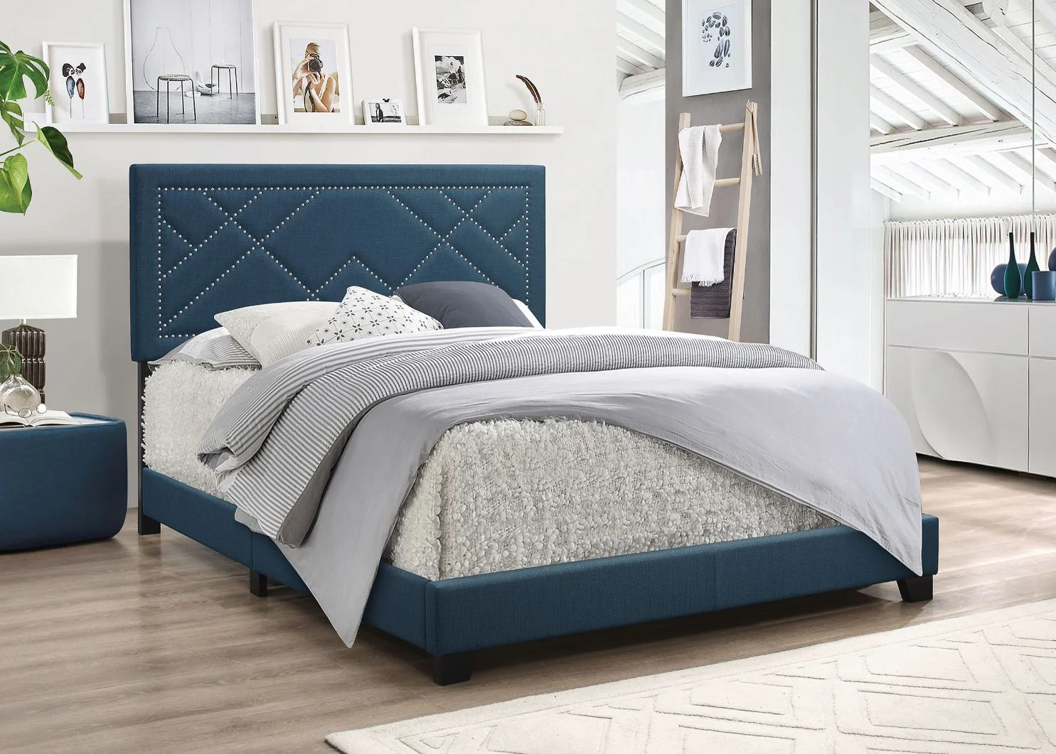 1pc Modern Dark Teal Color Sleek Design Eastern King Size Bed Bedroom Furniture