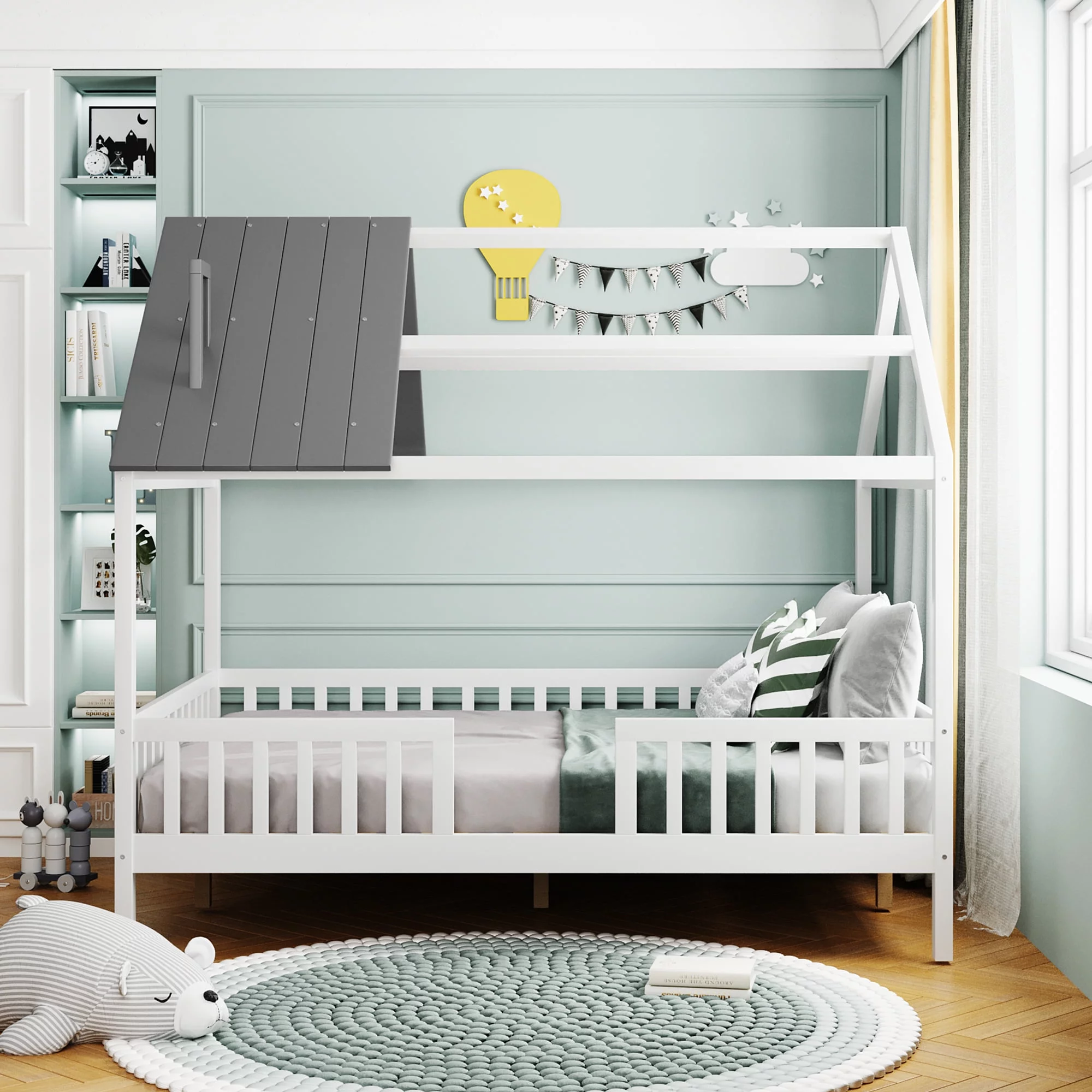 CoSoTower Full Size Wood House Bed With Fence, White+Gray