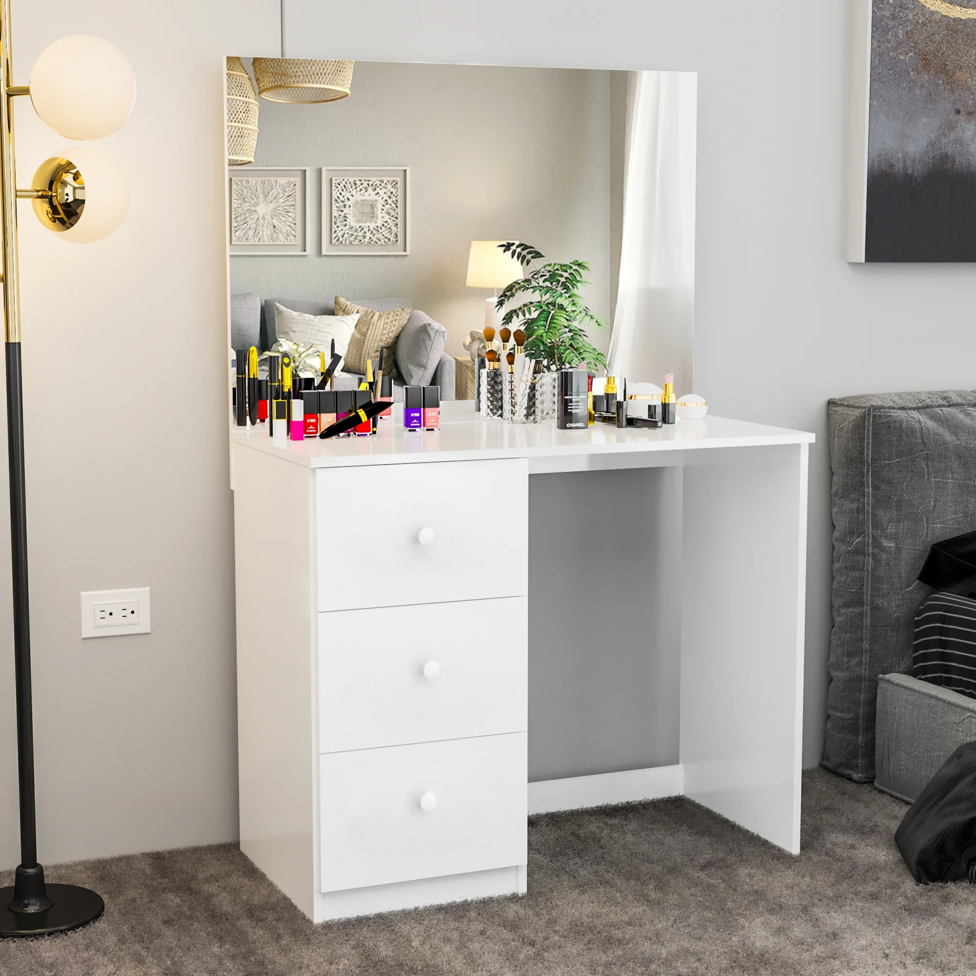 Boahaus Kira Modern Makeup Vanity Table with 3 Drawers, Wide Mirror, White Painted, for Bedroom