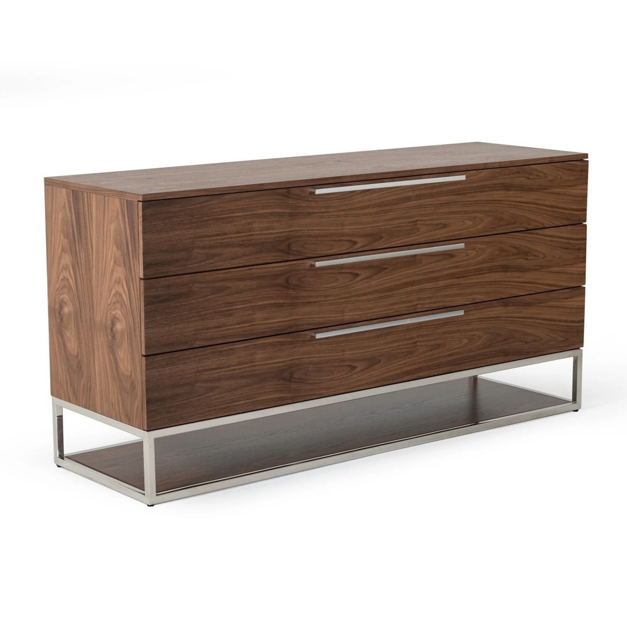 Benjara 58 in. Cid Zyla 3 Large Drawers Walnut Veneer Stainless Steel Dresser, Brown
