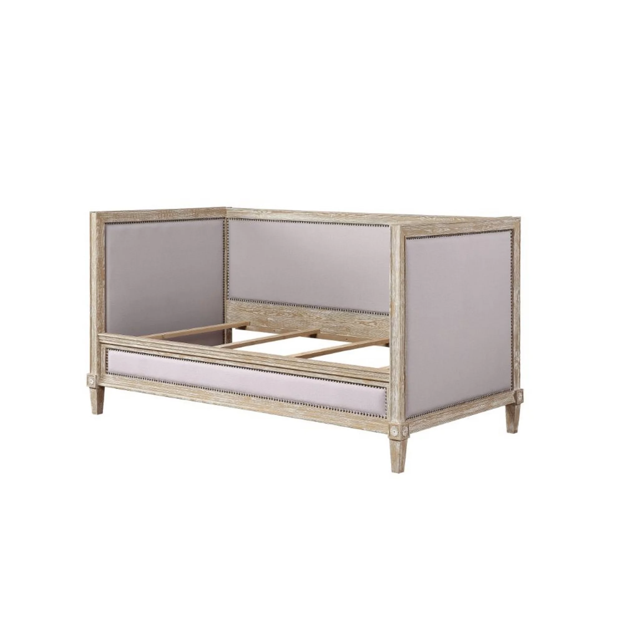 Daybed with Fabric Upholstery and Nailhead, Weathered Brown
