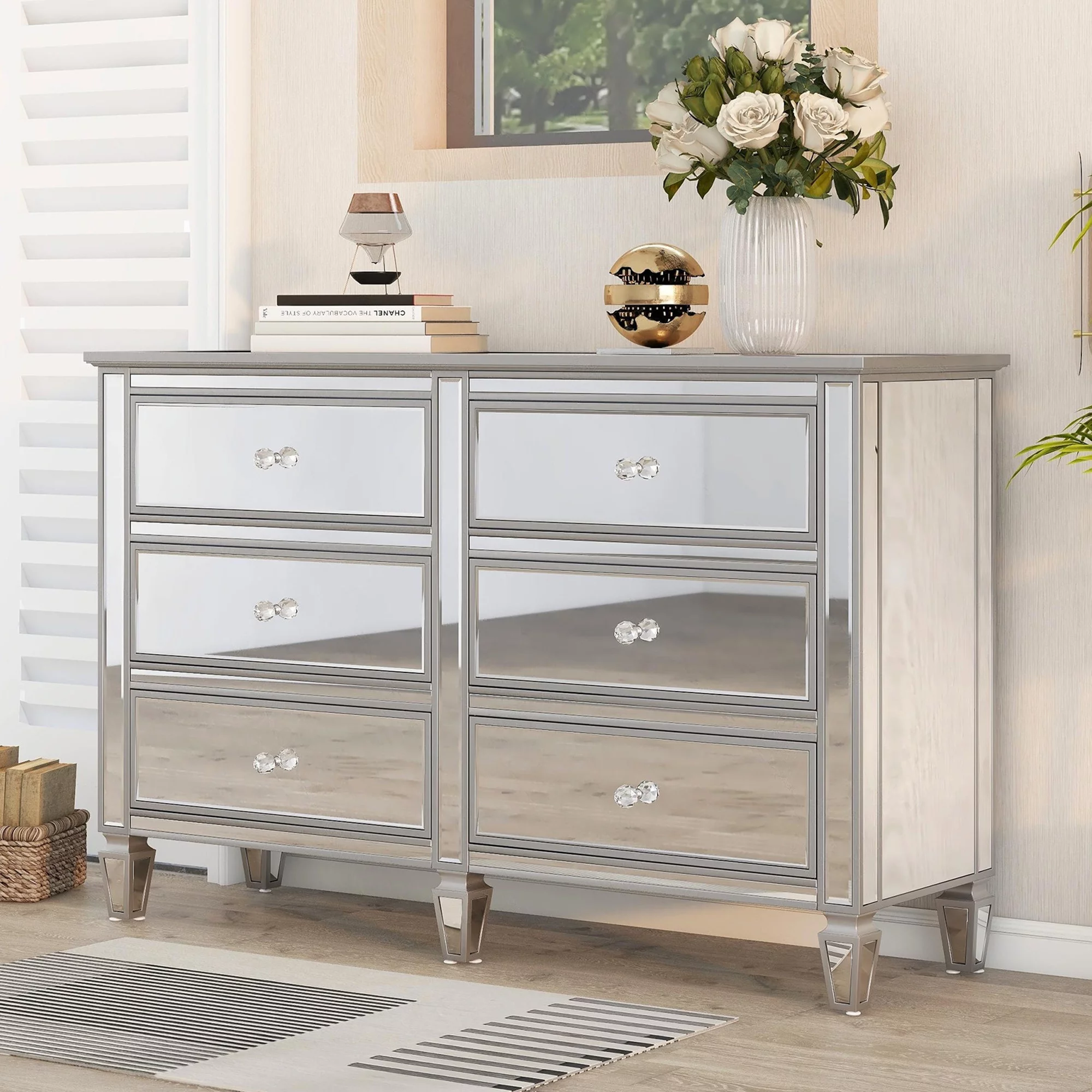 LANTRO JS Elegant Mirrored Dresser with 6 Drawers, Modern Silver Finished Dresser 56.1“L x 18.1