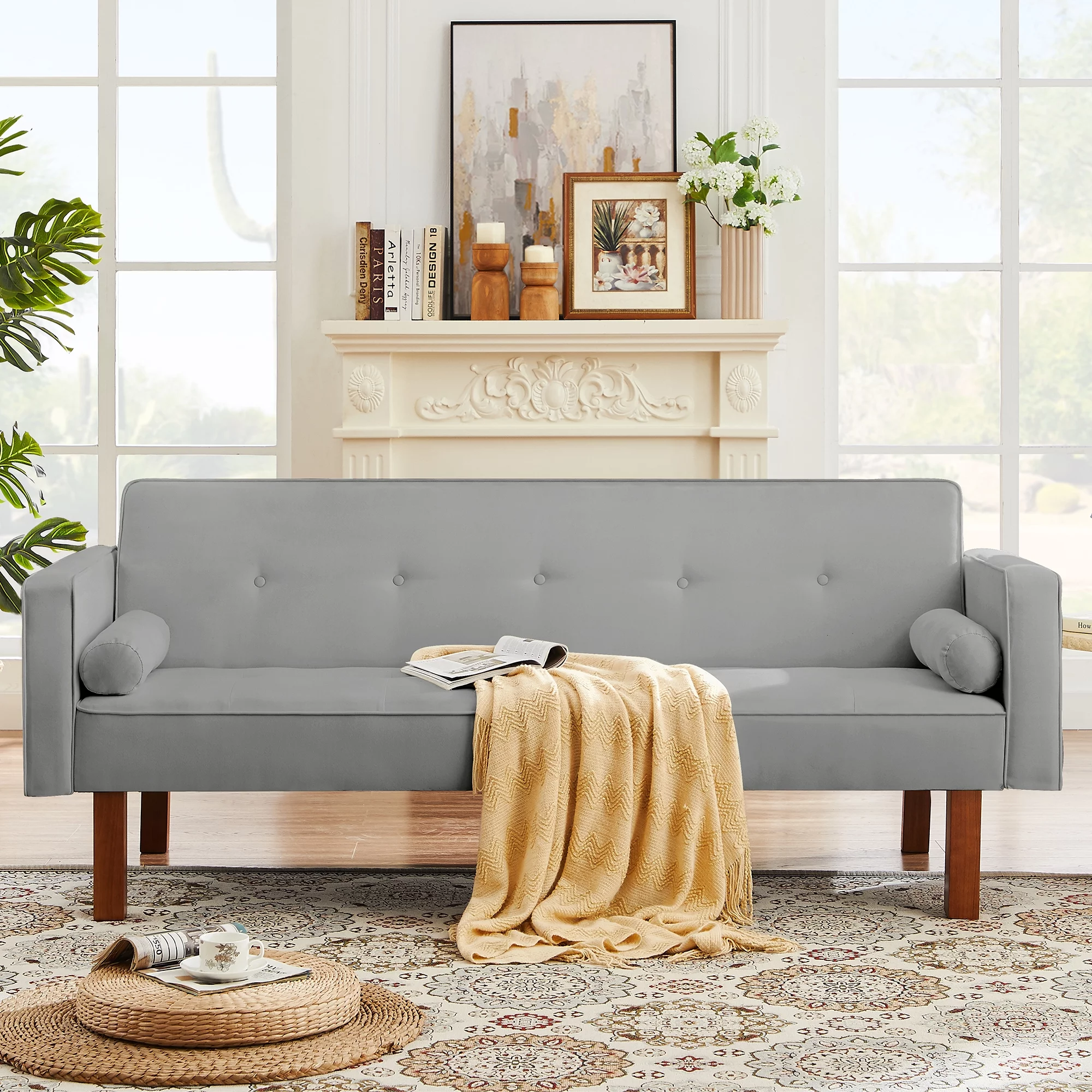 SYNGAR Futon Sofa Bed, Mid Century Fabric Futon Sofa with Wood Legs, Convertible Daybed with 3 Adjustable Positions, Couches and Sofas, Modern Stylish Sleeper Sofa for Living Room, Gray