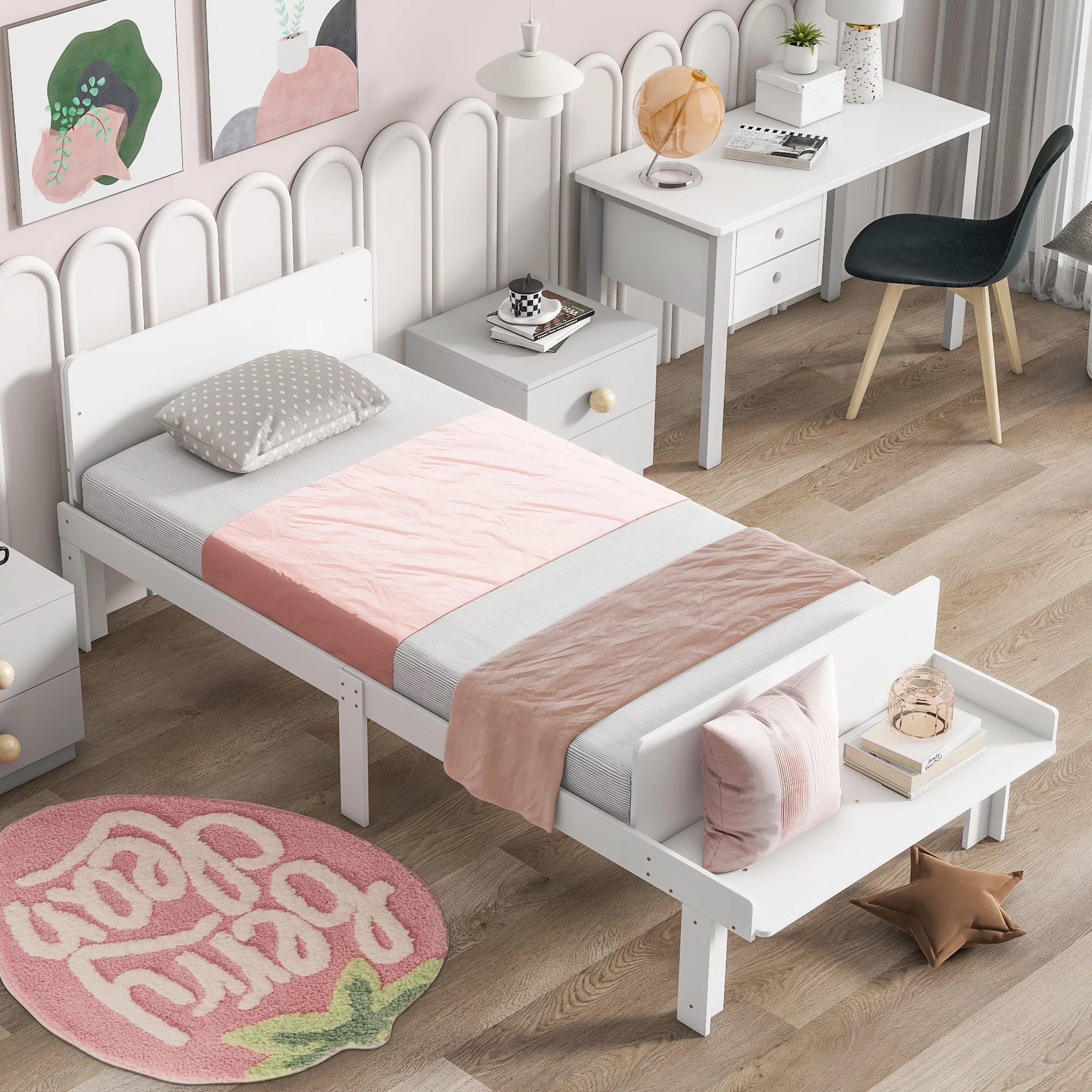 KAMIDA Twin Size Bed Frame, Solid Wood Platform Bed Frame with Footboard Bench for Kids Teen, White