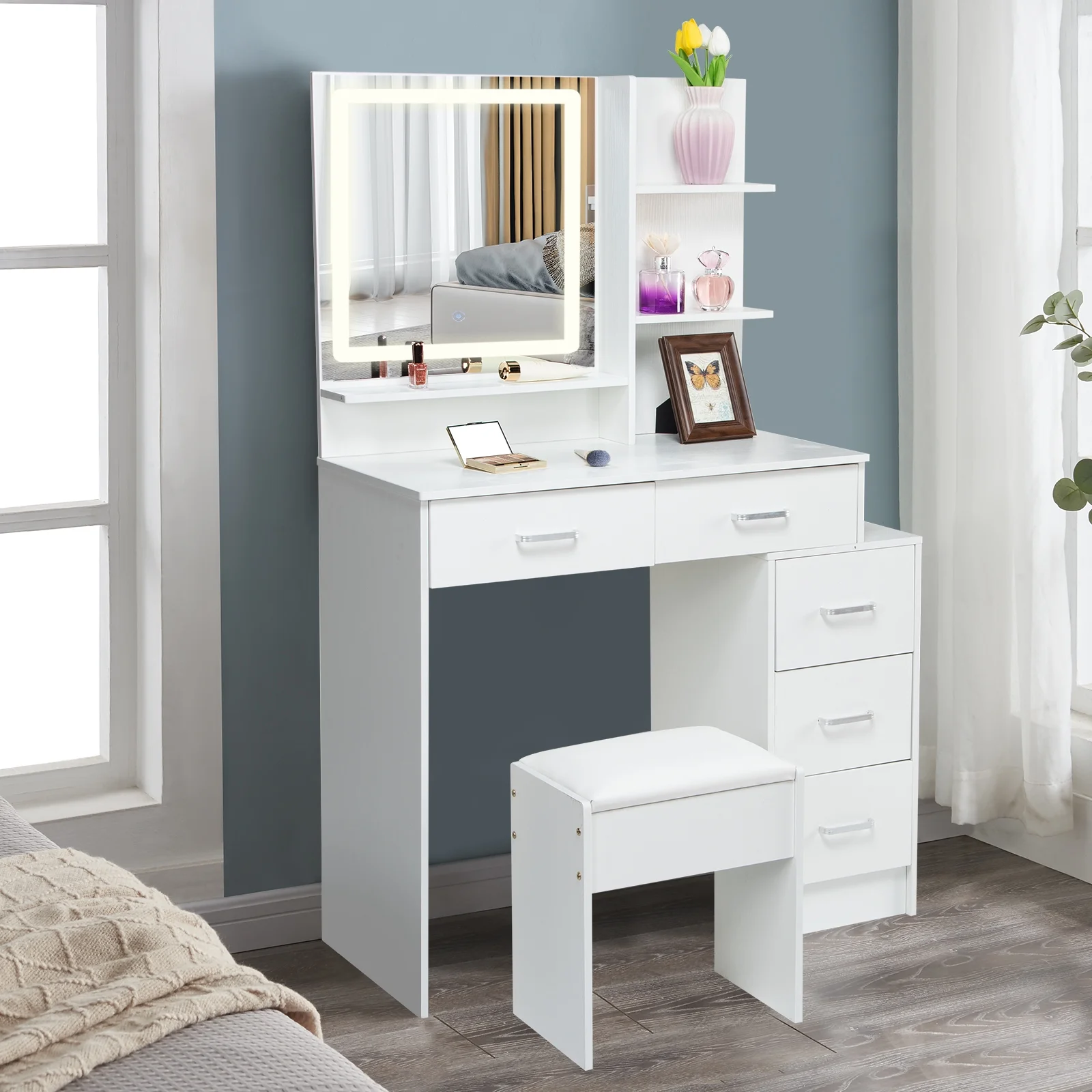 Yamissi Vanity Set with Lighted Mirror, Modern Makeup Dressing Table with Stool, White Vanity Desk for Women Girls