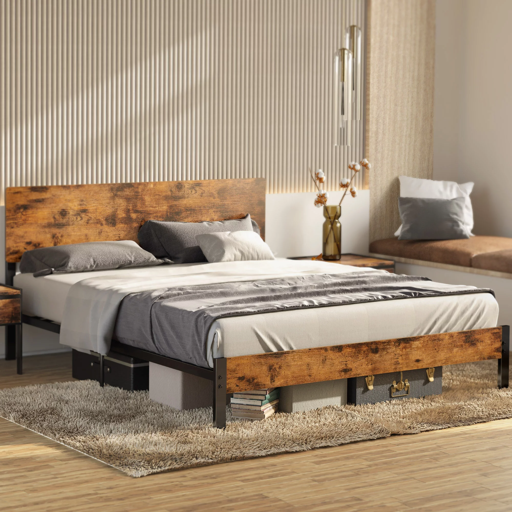 LIKIMIO Queen Platform Bed Frame with Headboard, Sturdy Steel Support and Underbed Storage Space, Vintage Brown