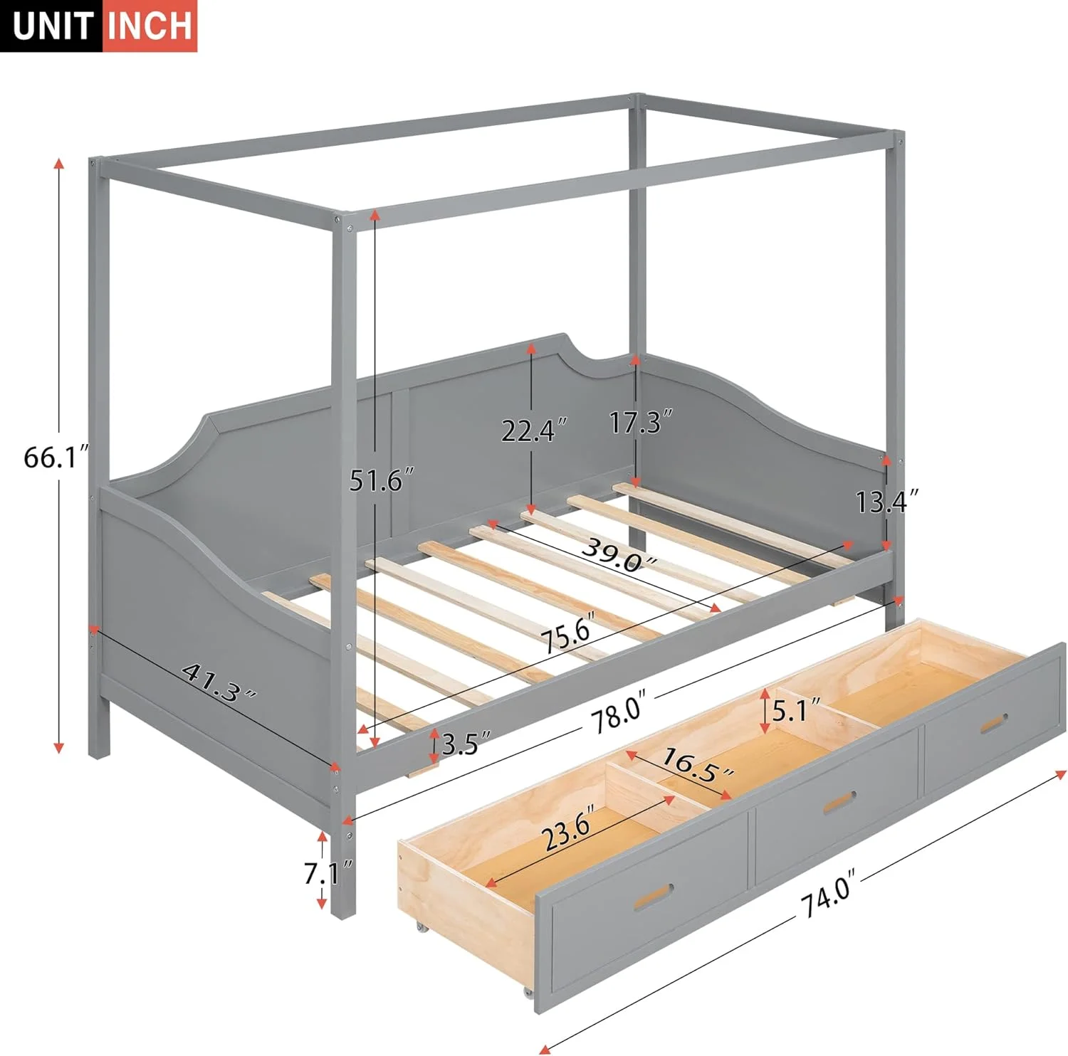 Size Plaform Bed, Woode Size Caopy Daybed Wih 3 I 1 Sorage Drawers, o Box Sprig eeded, Gray