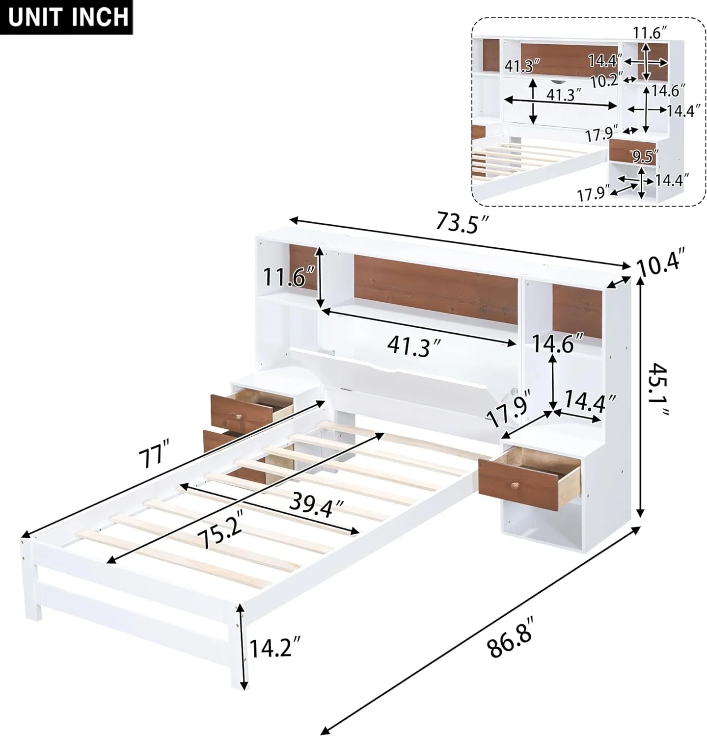 Size Platform Bed With Storage Headboard Ad Drawers, Bookcase Bed For Bedroom,Livig Room,White