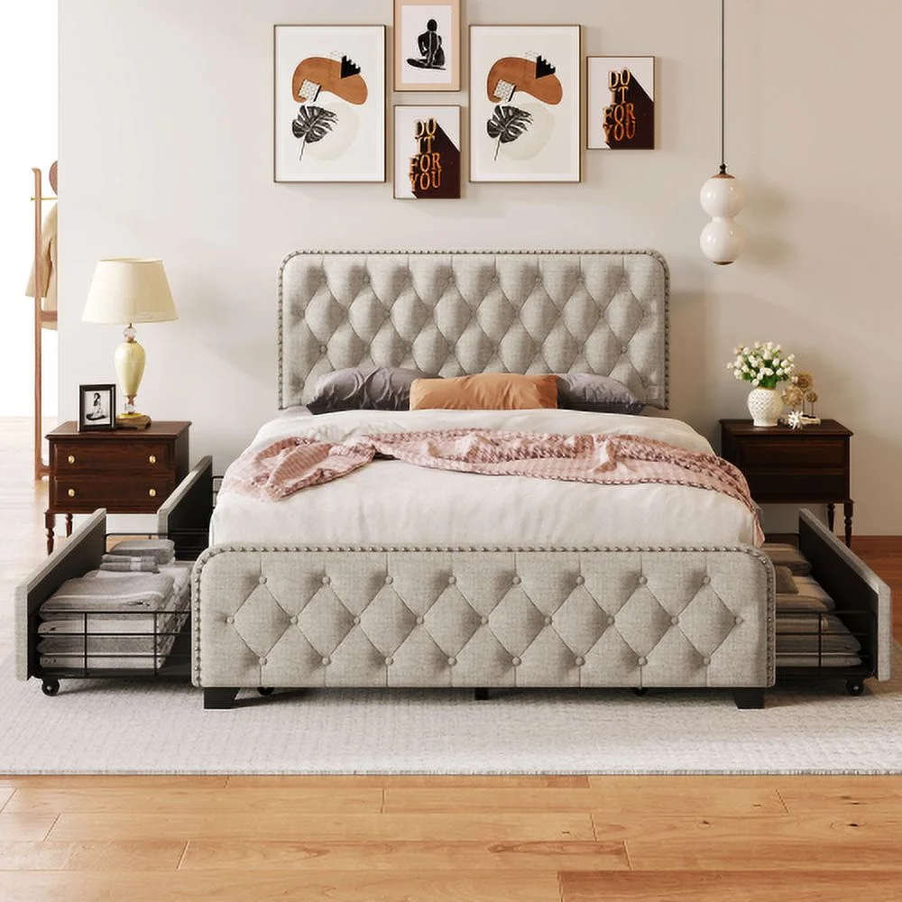 Heavy Duty Full Size Metal Bed Frame with 4 Drawers, Upholstered Platform with Headboard and Footboard, No Box Spring Required