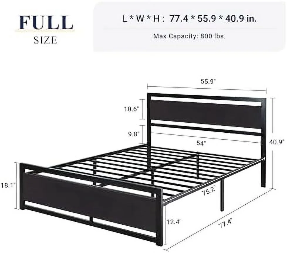 RUNFAYBIU Full Bed Frame with Headboard  Heavy Duty Metal Platform Bed Frame with Strong Support  Under Bed   Stable Mattress Foundation  No Box Spring Needed  Black