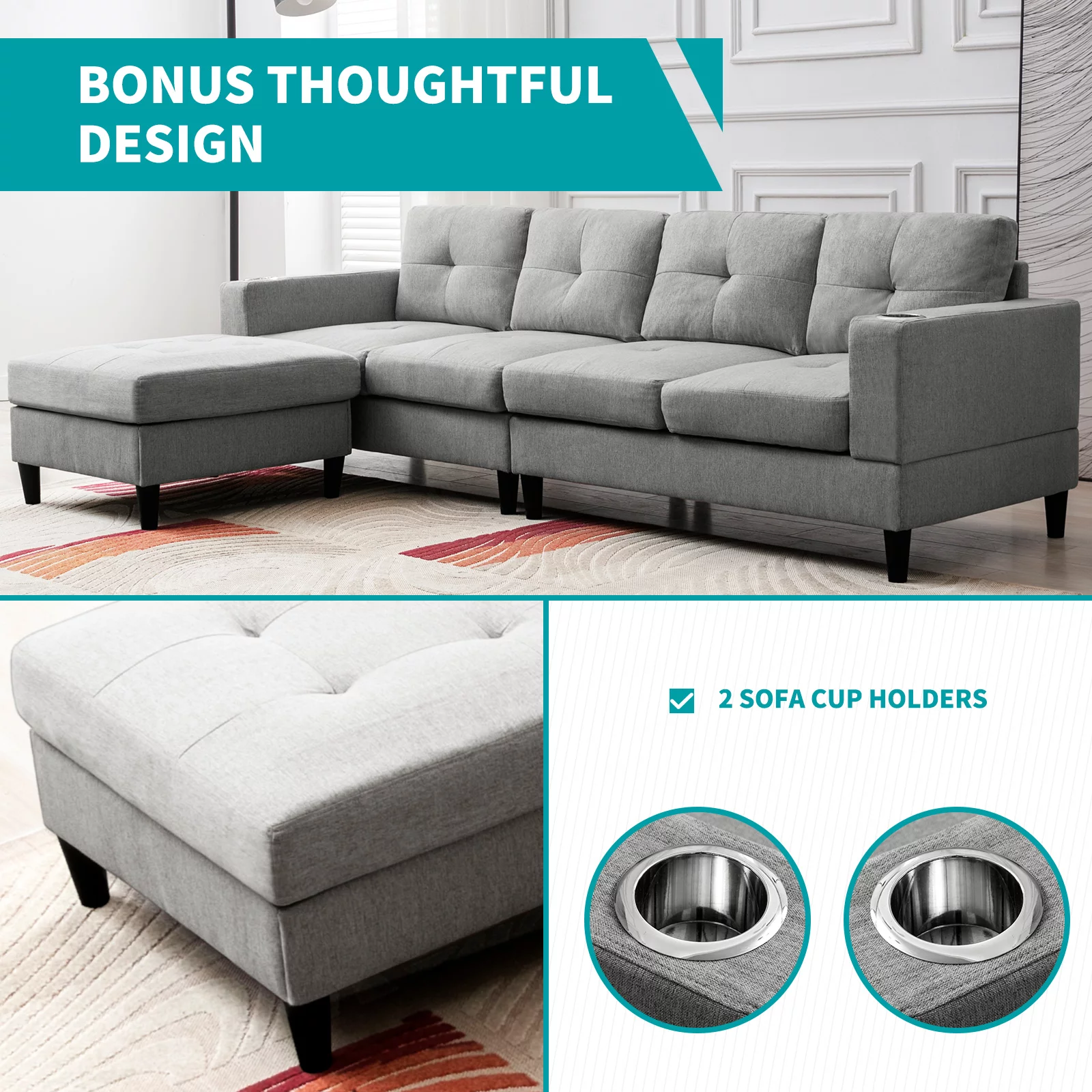 MUZZ Reversible Sectional Sofa, 4 Seat L-Shape Sofa Couches for Living Room, Convertible Sectional Couch with Reversible Chaise, Modular Sectional Couch with 2 Cup Holders for Apartment, Light Grey