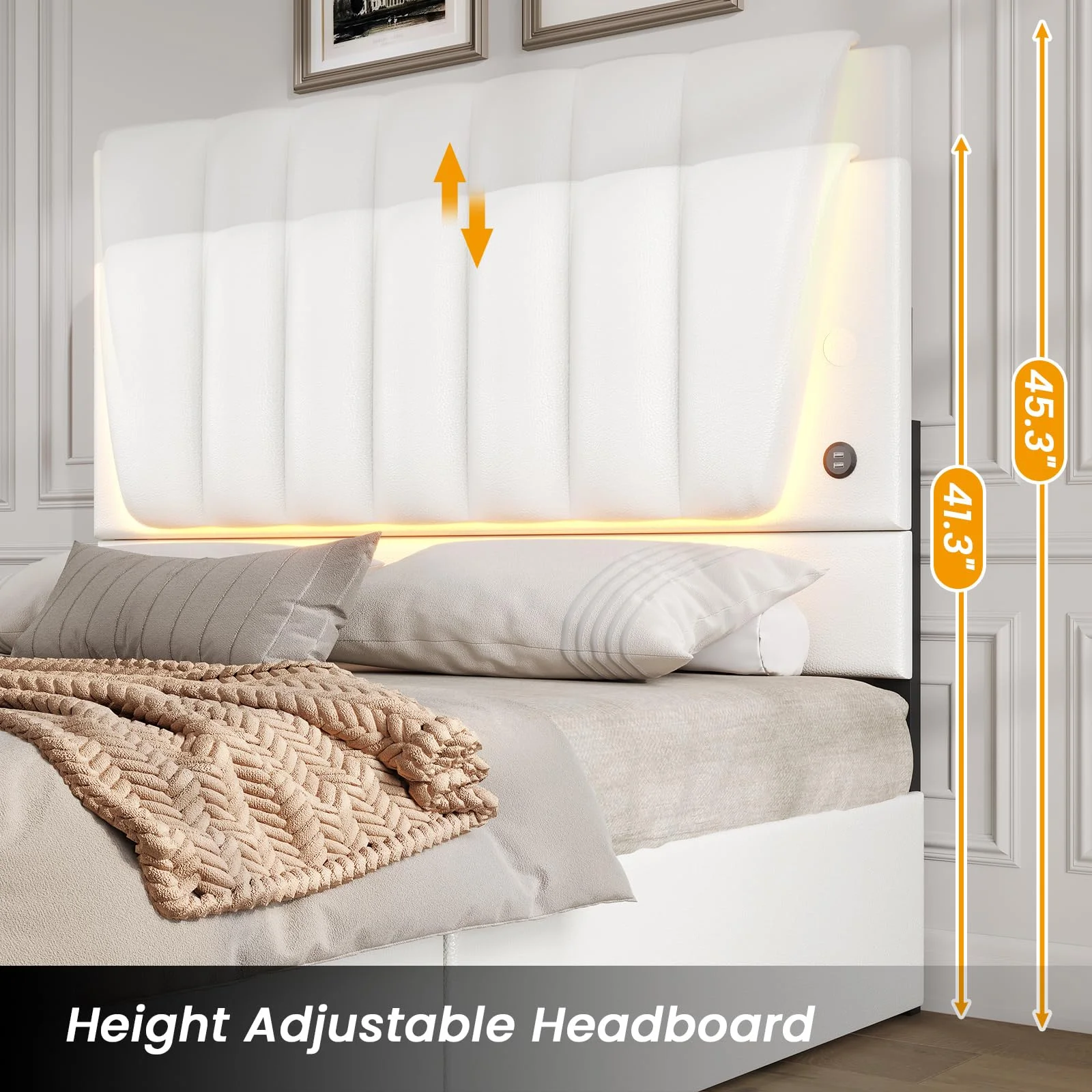 Queen Size Bed Frame with Headboard and 4 Storage Drawers, Platform Bed Frame with LED Light and 2 USB Ports, No Box Spring Needed, White