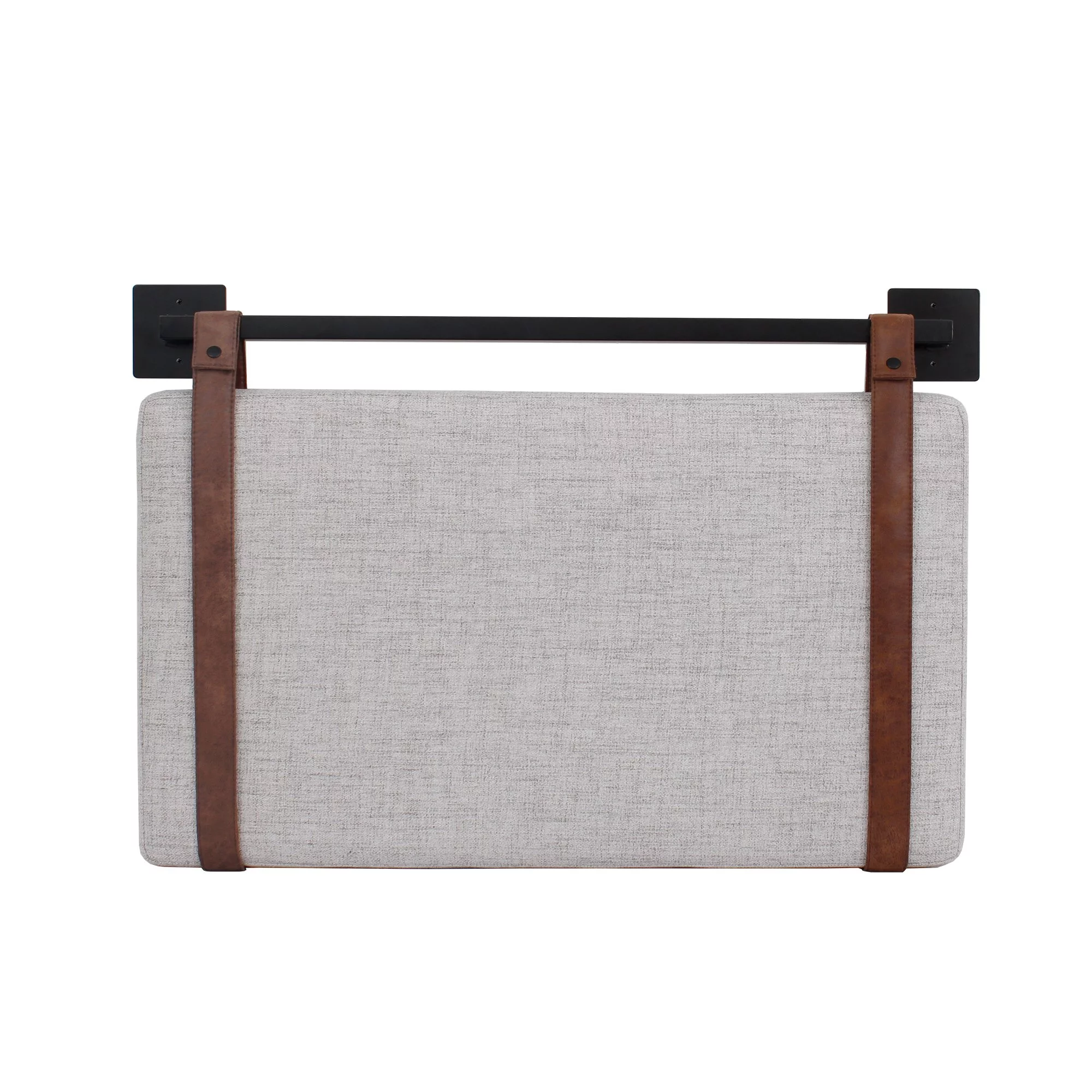 Nathan James HarLow Twin Wall Mount Light Gray Fabric Upholstered Headboard, Adjustable Height Vintage Brown PU Leather Straps with Black Matte Metal Rail