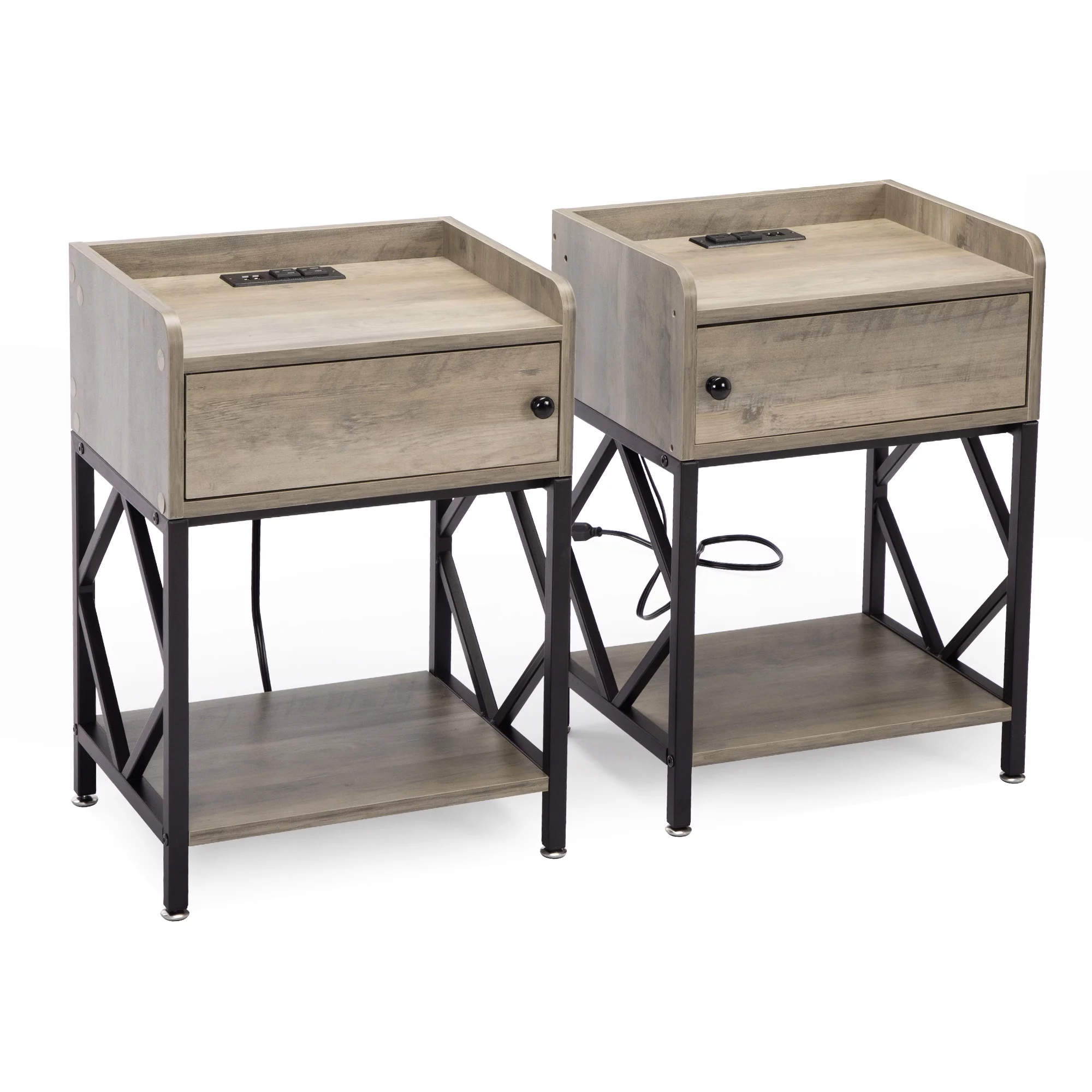 Wood Farmhouse Nightstand Set of 2 with USB Charging Station, Industrial Night Stand Side Table with Drawers and Shelf, Rustic Bed Side Table for Bedroom Living Room
