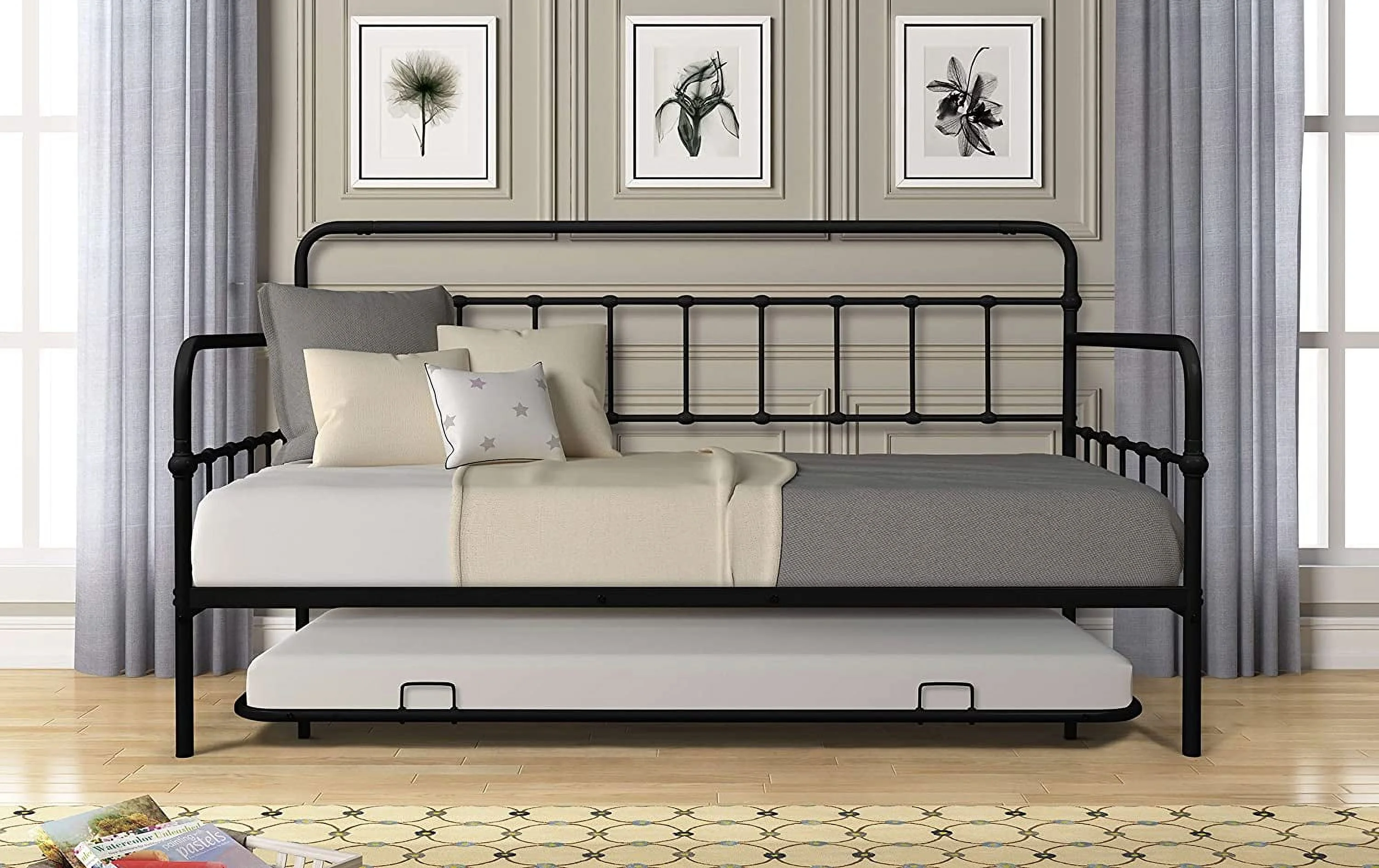 Size Metal Frame Daybed with Trundle Heavy Duty Steel Slat Support Saving Space Bed Sofa Bedroom Living Room Furniture for Guest
