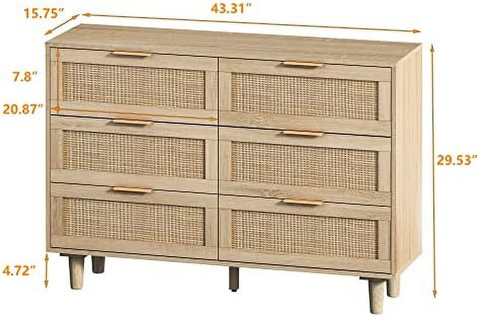 xrboomlife Rattan 6 Drawer Dresser Farmhouse  Dresser Chest of Drawers Wood Oak 6 Drawer Cabinet  Closet Dressers with Wide Drawers Mid Century Modern  Chest for Bedroom  Hallway  Living
