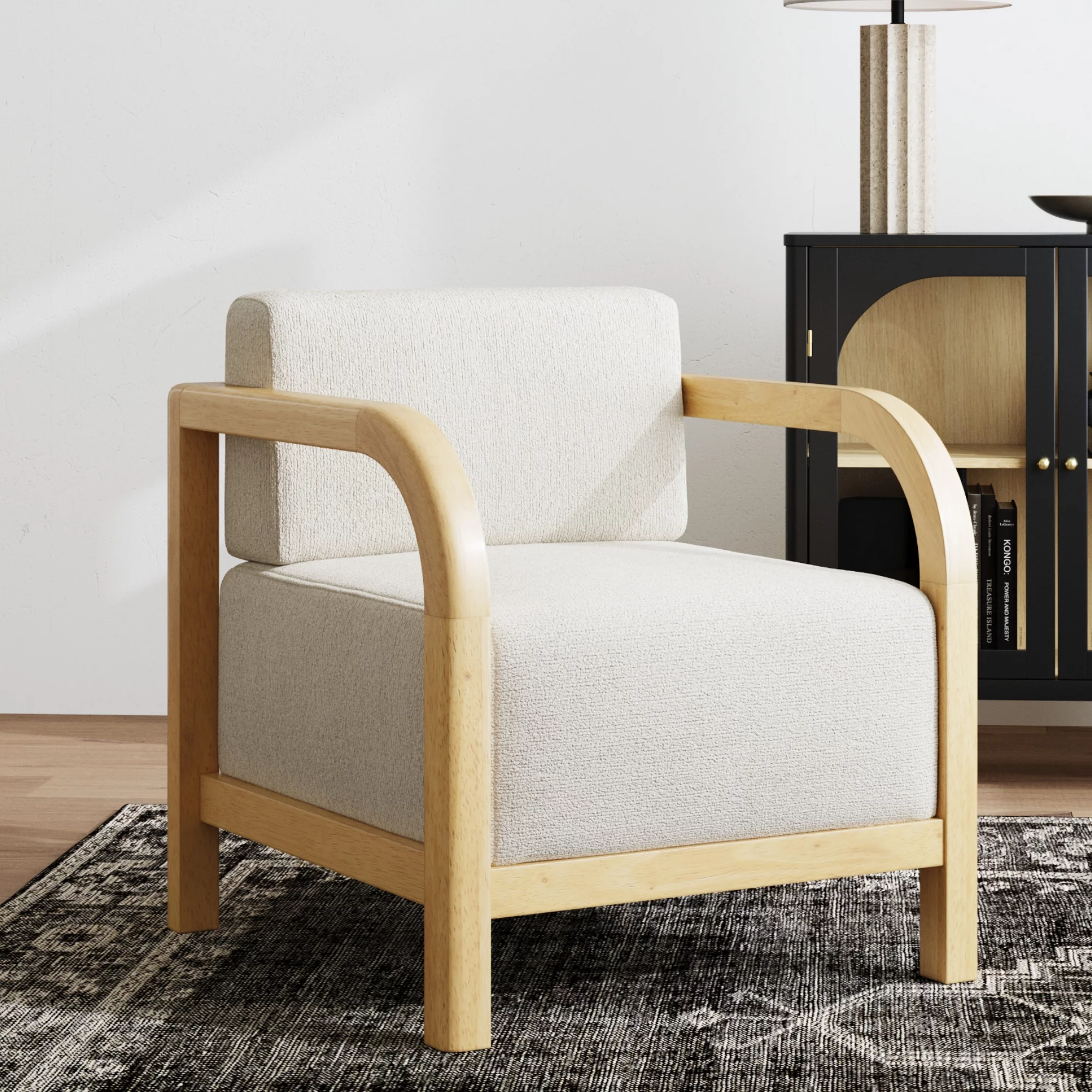 Nathan James Jayden Scandinavian Accent Chair, Boucle Linen Upholstered Bedroom Chair with Solid Wood Frame and Plush Cushioned Seat, Natural Brown