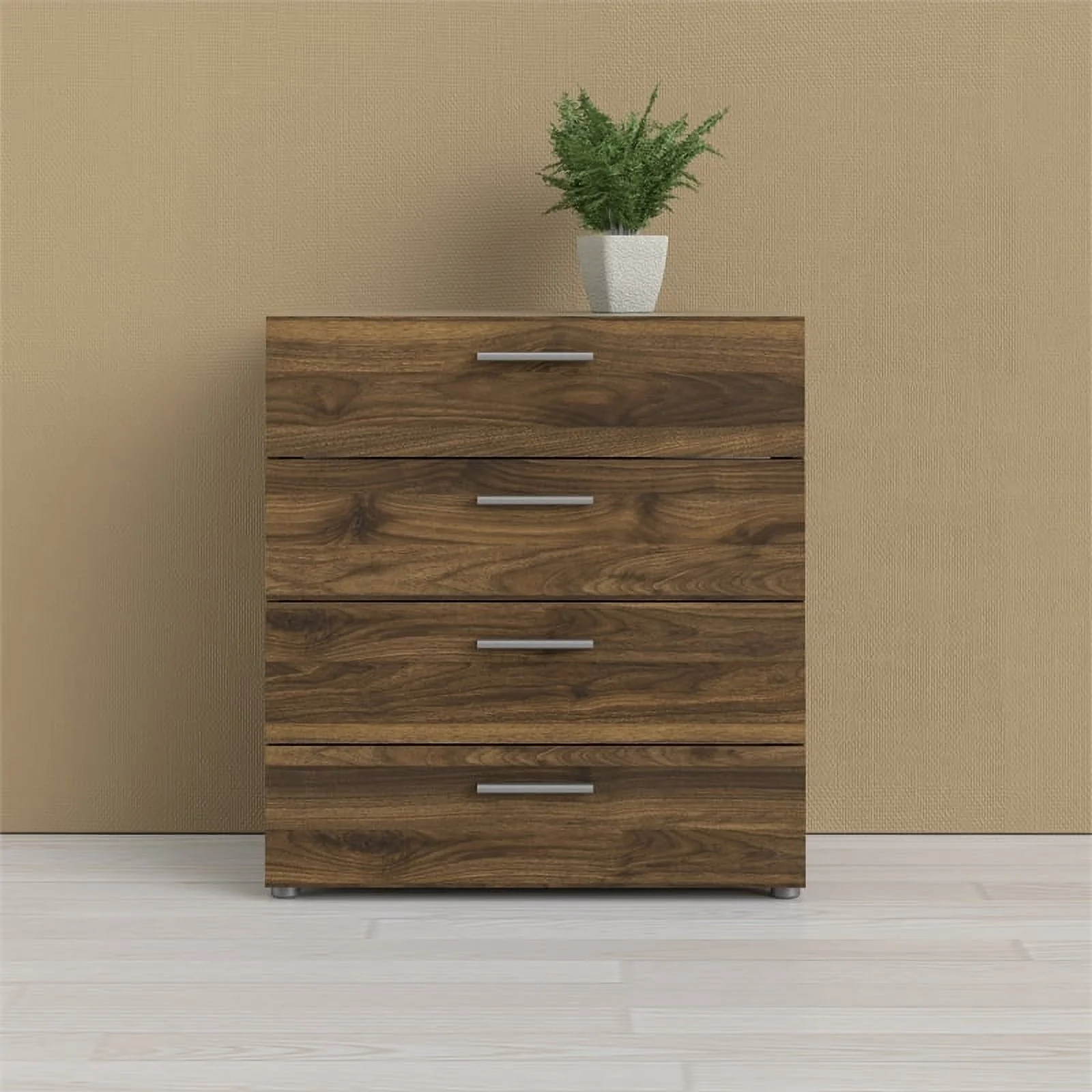 Pemberly Row Contemporary 4-Drawer Engineered Wood Chest in Walnut