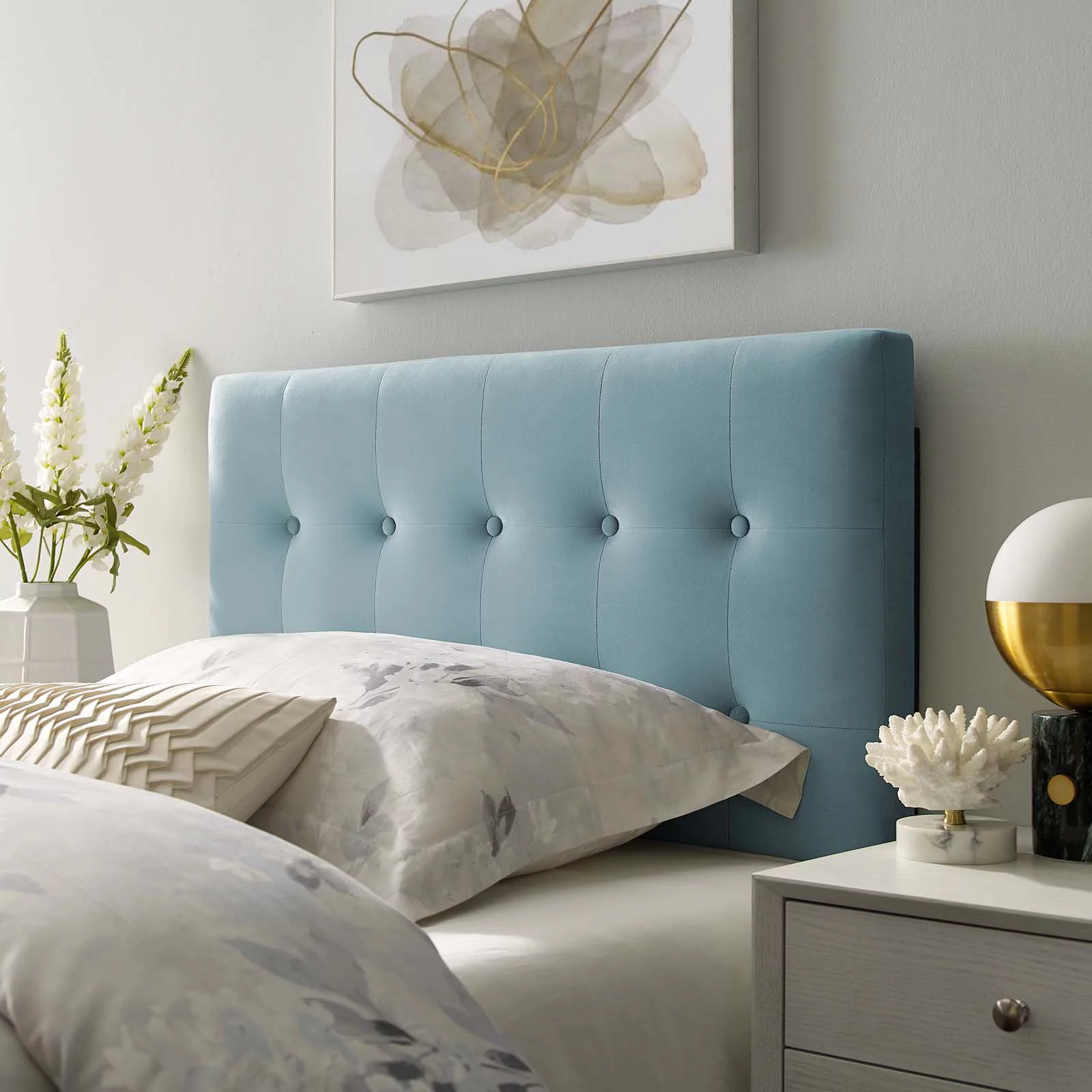 Contemporary Modern Urban Designer Bedroom Twin Size Tufted Headboard, Velvet Fabric, Light Blue