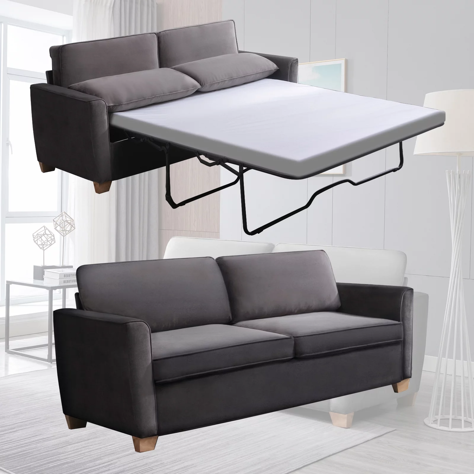 Mixoy 2-in-1 Pull Out Sofa Bed, Velvet Loveseat Sleeper Sofa Bed with Folding Mattress,Pull Out Couch Bed Suitable for Living Room, Full Size Sofa Sleeper for Apartment/Small Spaces (Queen, Dark Grey)
