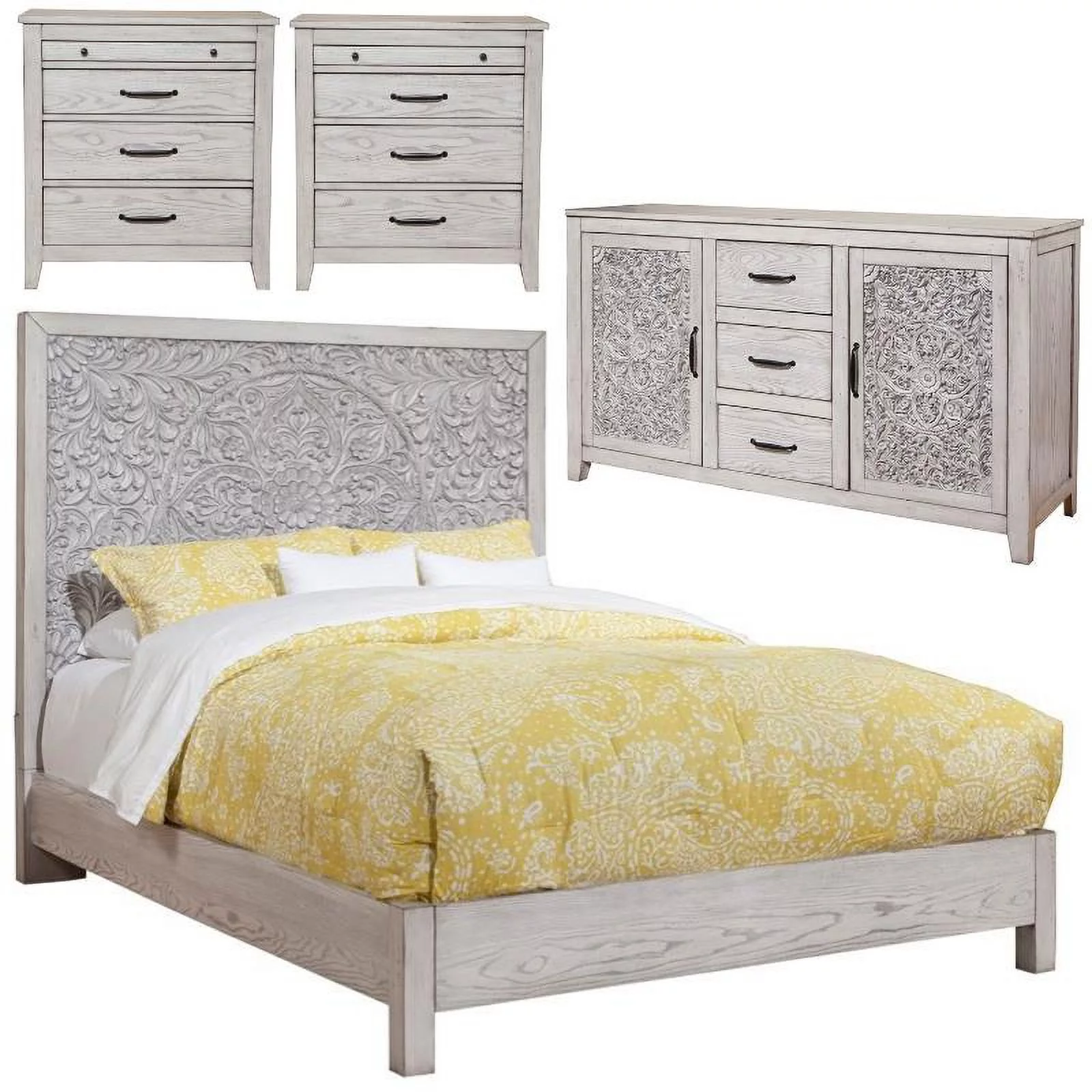 Home Square 4 Piece Furniture Set with Nightstand Queen Panel Bed & Dresser