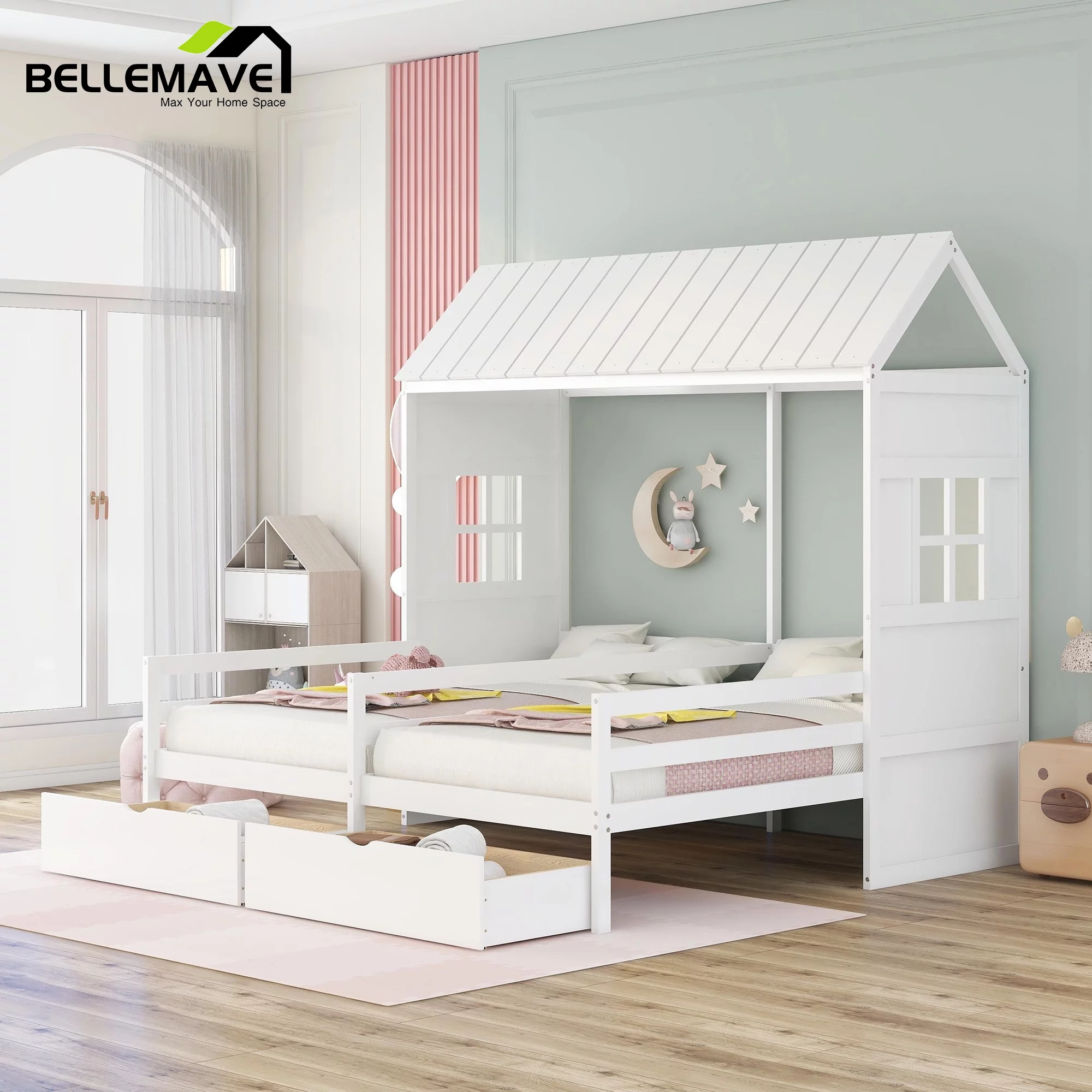 Bellemave White Twin Size Kids House Bed with 2 Drawers for Bedroom, Double Twin Size Storage Platform Beds with Shared House Roof for Kids Child Teen