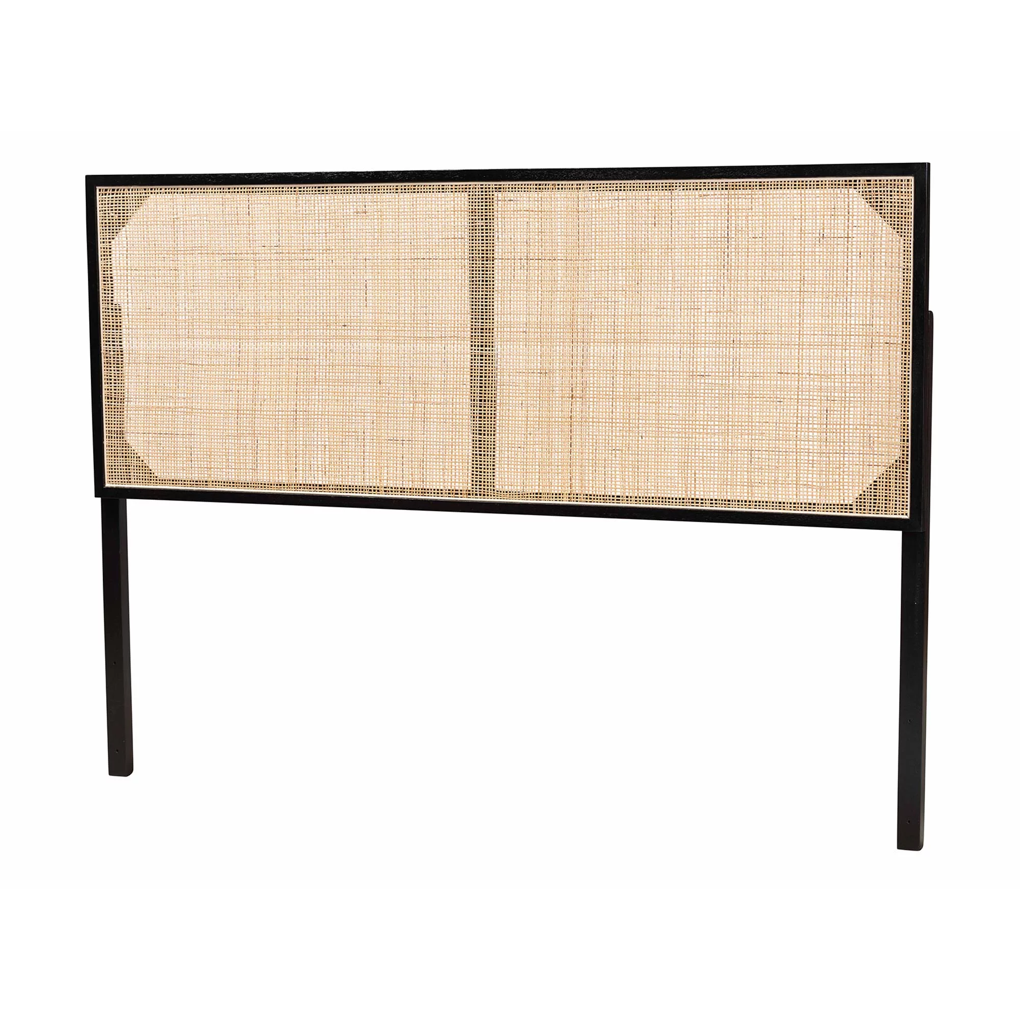 bali & pari Aurelia Modern Bohemian Black Finished Bayur Wood and Natural Rattan Queen Size Headboard