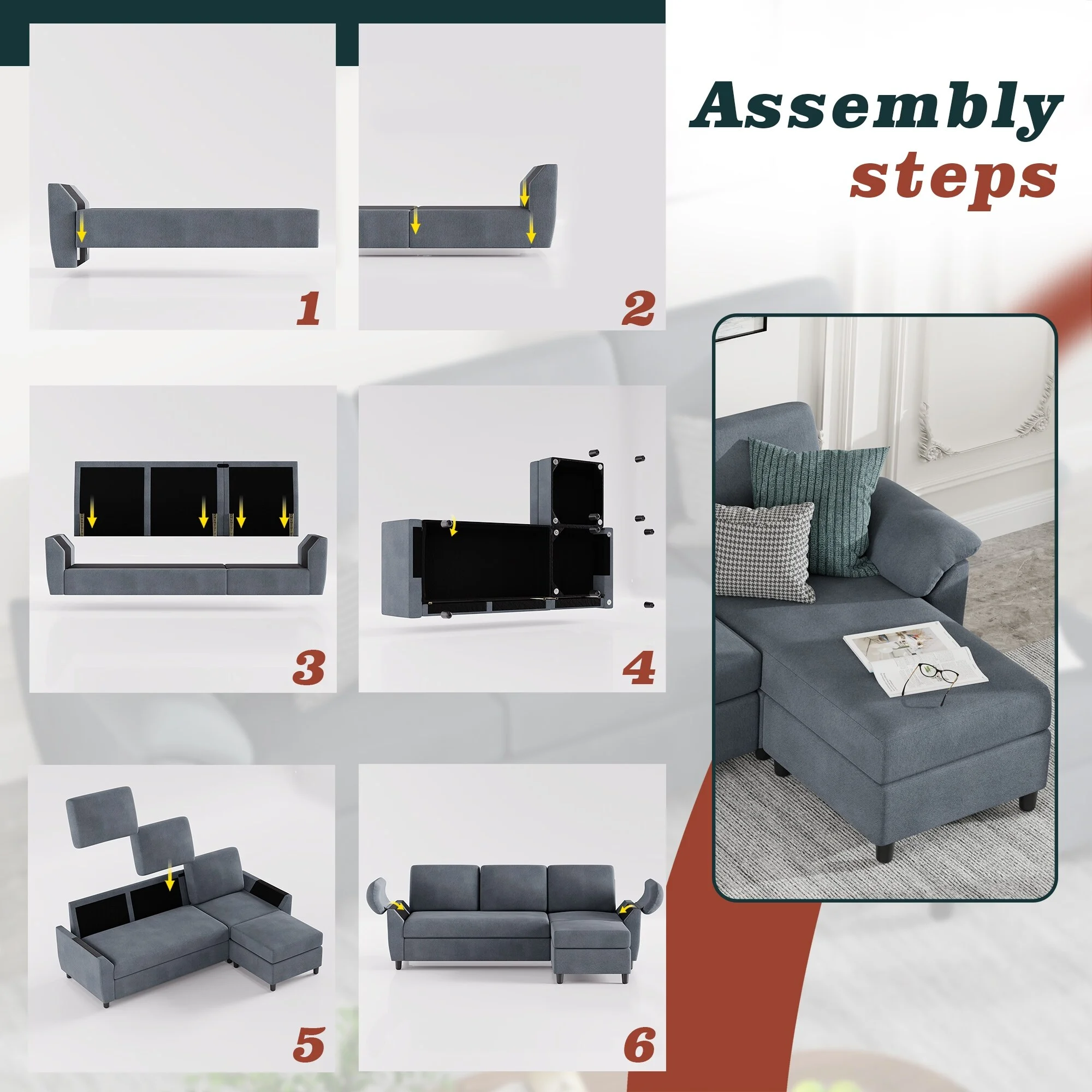 Futzca Sectional Sofa Couch, 3 Seat L Shaped Sofa with Removable Pillows Dark Grey