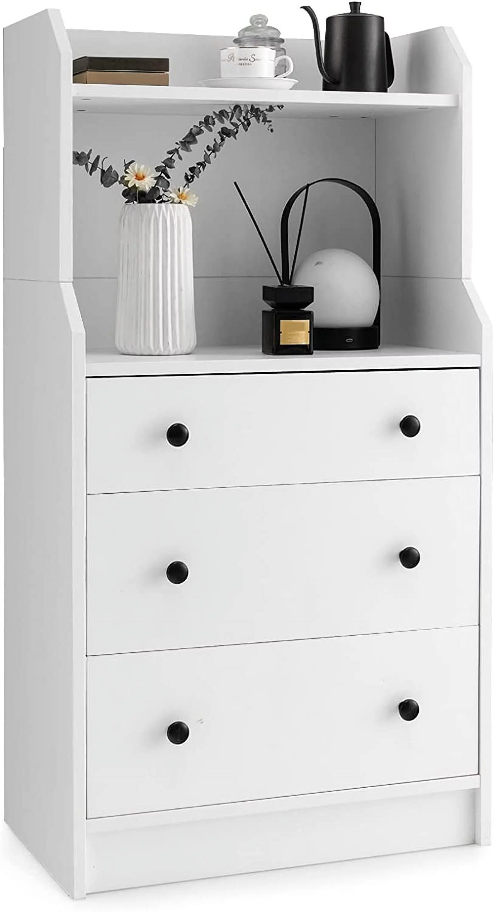 3 Drawer Dresser for Bedroom, Tall Nightstand with 3 Drawers & 2 Open Shelves, White Modern Wood Dressers & Chests of Drawers for Bedroom or Living Room, 23 x 14 x 44 inches