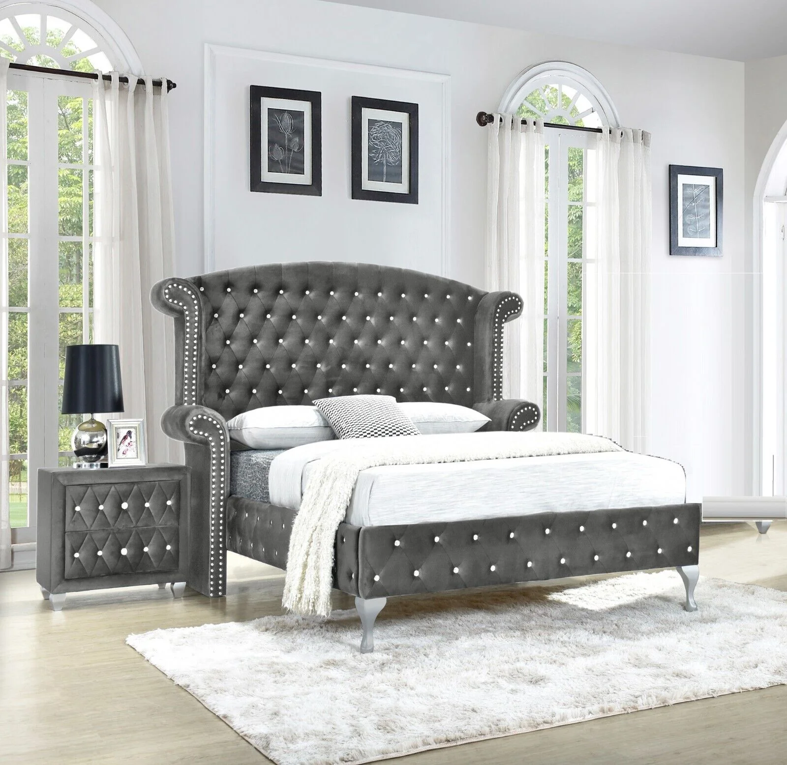 Modern 3Pc Queen Size Bed Nightstands Set Master Bedroom Furniture Gray Velvet Upholstery