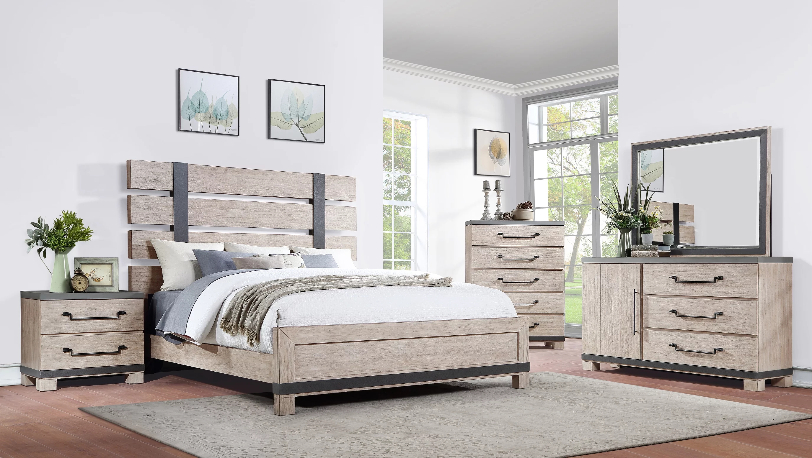 Arbela Wood Slatted Panel Bed with Dresser, Mirror, Nightstand, and Chest, Queen, Weathered Oak Finish