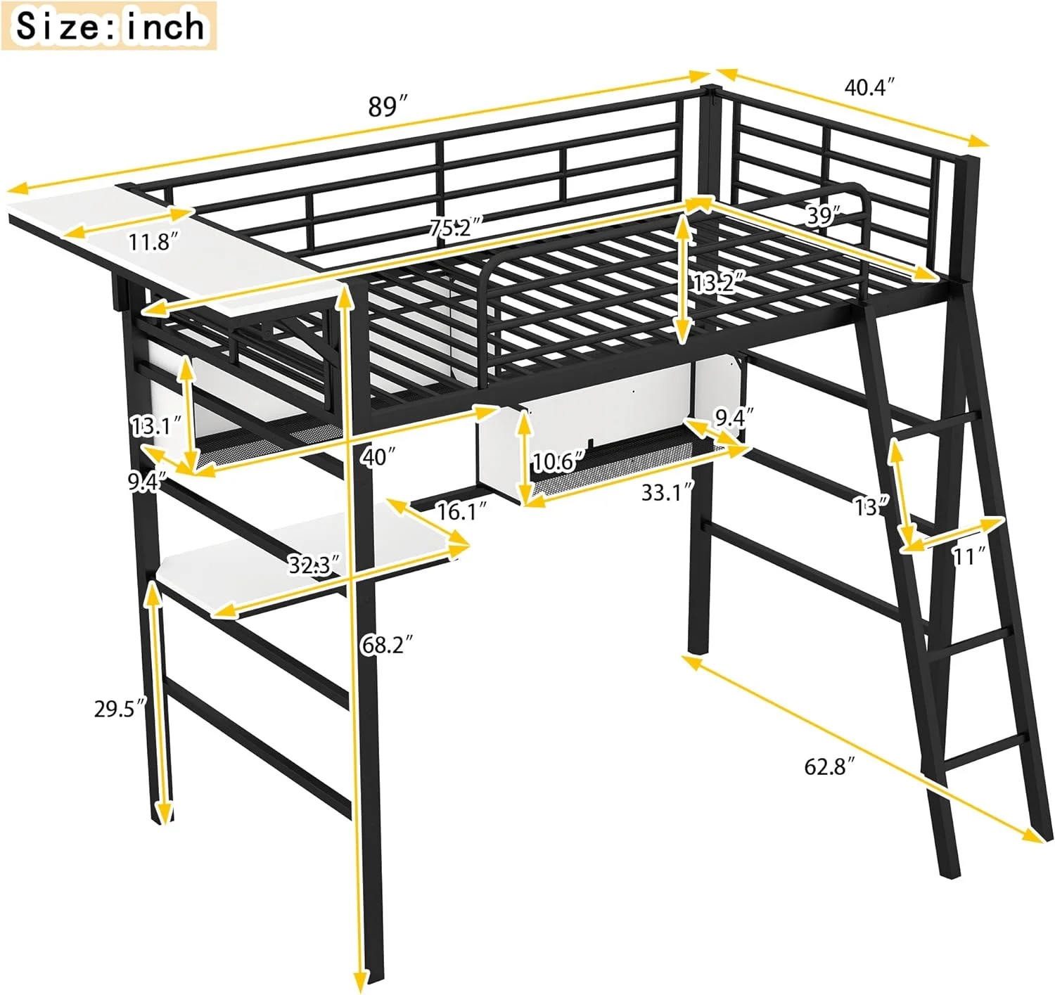 Twin Size Metal Loft Bed with 2 Shelves, a Desk and a Hanging Clothes Rack