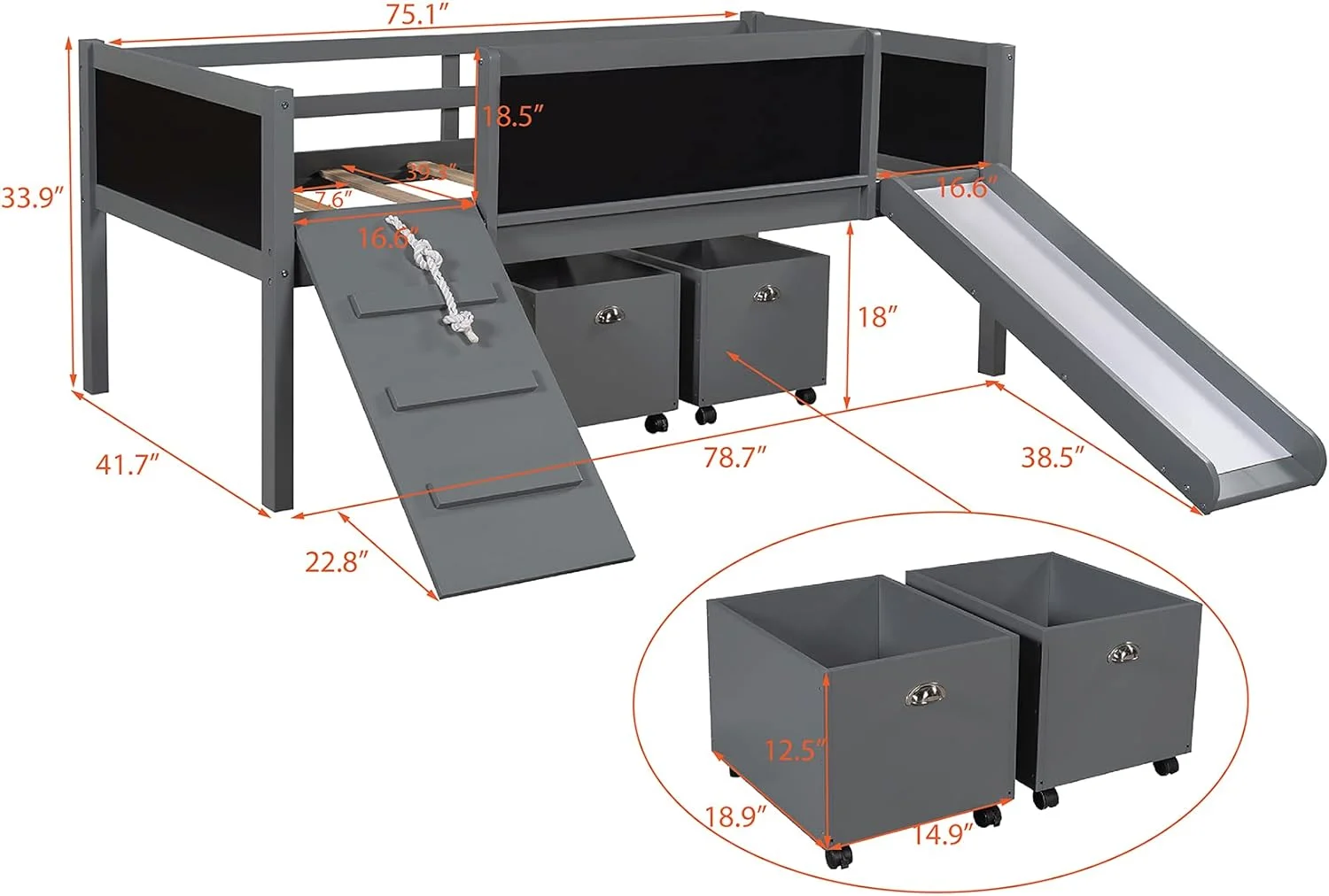 Loft Bed, Wood Loft Bed Frame With Slide And Chalkboard, Size Loft Bed With 2 Storage Boxes, Great For Kids/Teens, Gray