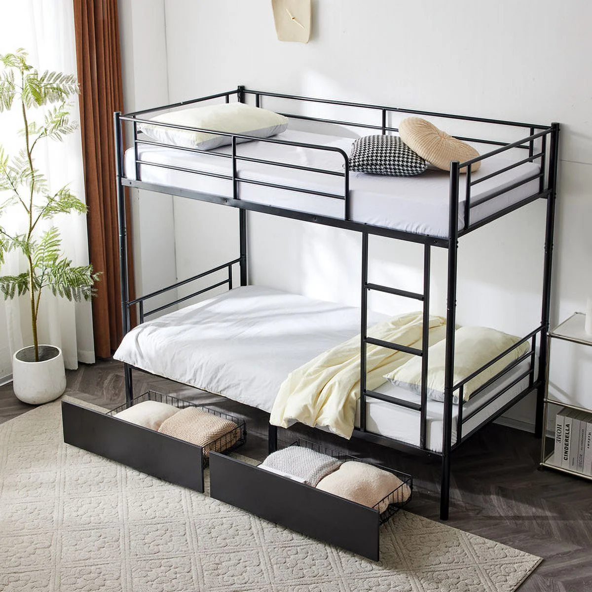 SYTHERS Black Twin Over Full Bunk Bed with 2 Drawers and 1 Staircase, Convertible into 2 Bedframe for Kids/Teens/Adults Bedroom