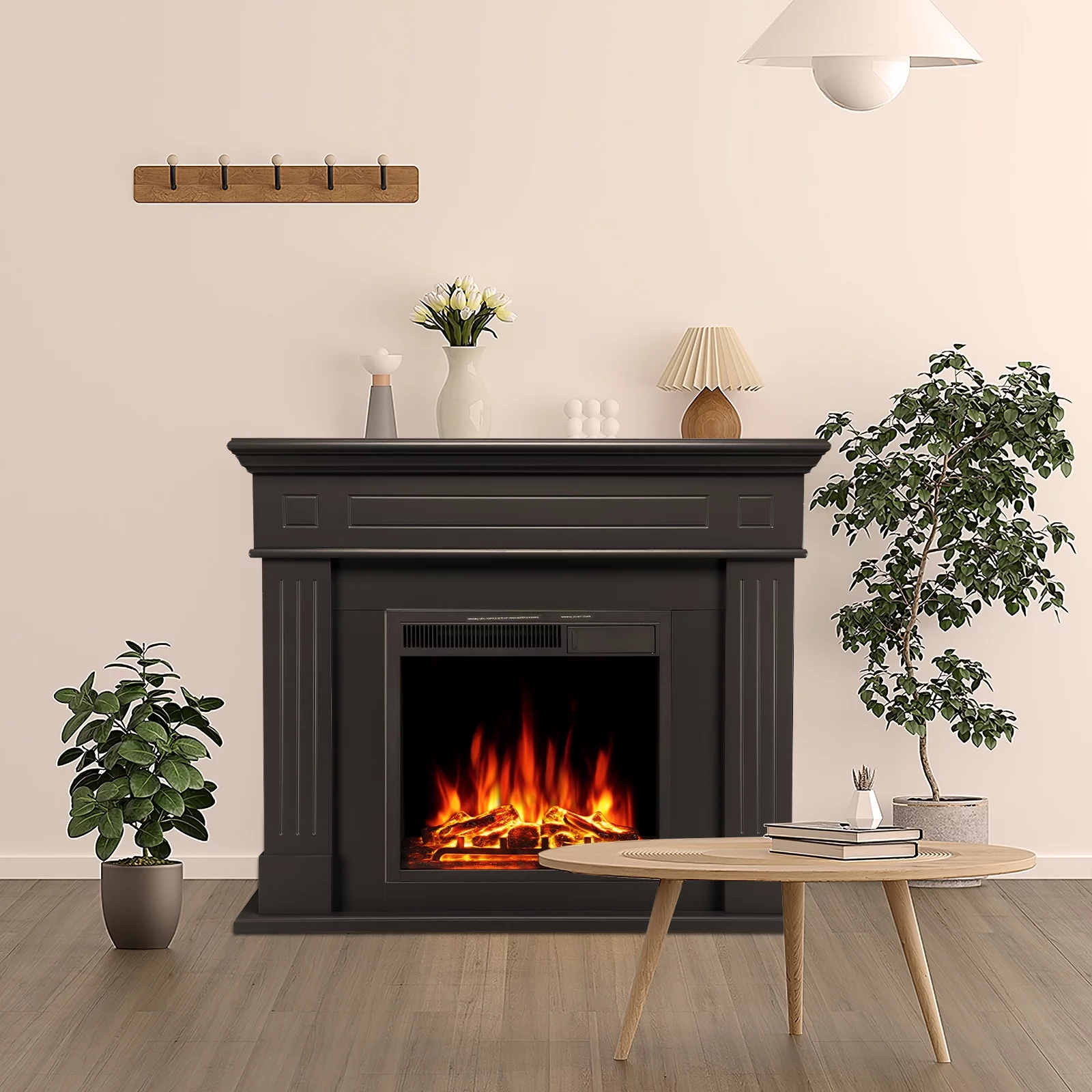 LHRIVER Freestanding Wooden Frame Fireplace with TV Stand, Electric Fireplace Mantel Heater, Various Brightness & Realistic Flames & Remote Control, Home/Office/Cafe,750W-1500W, Black