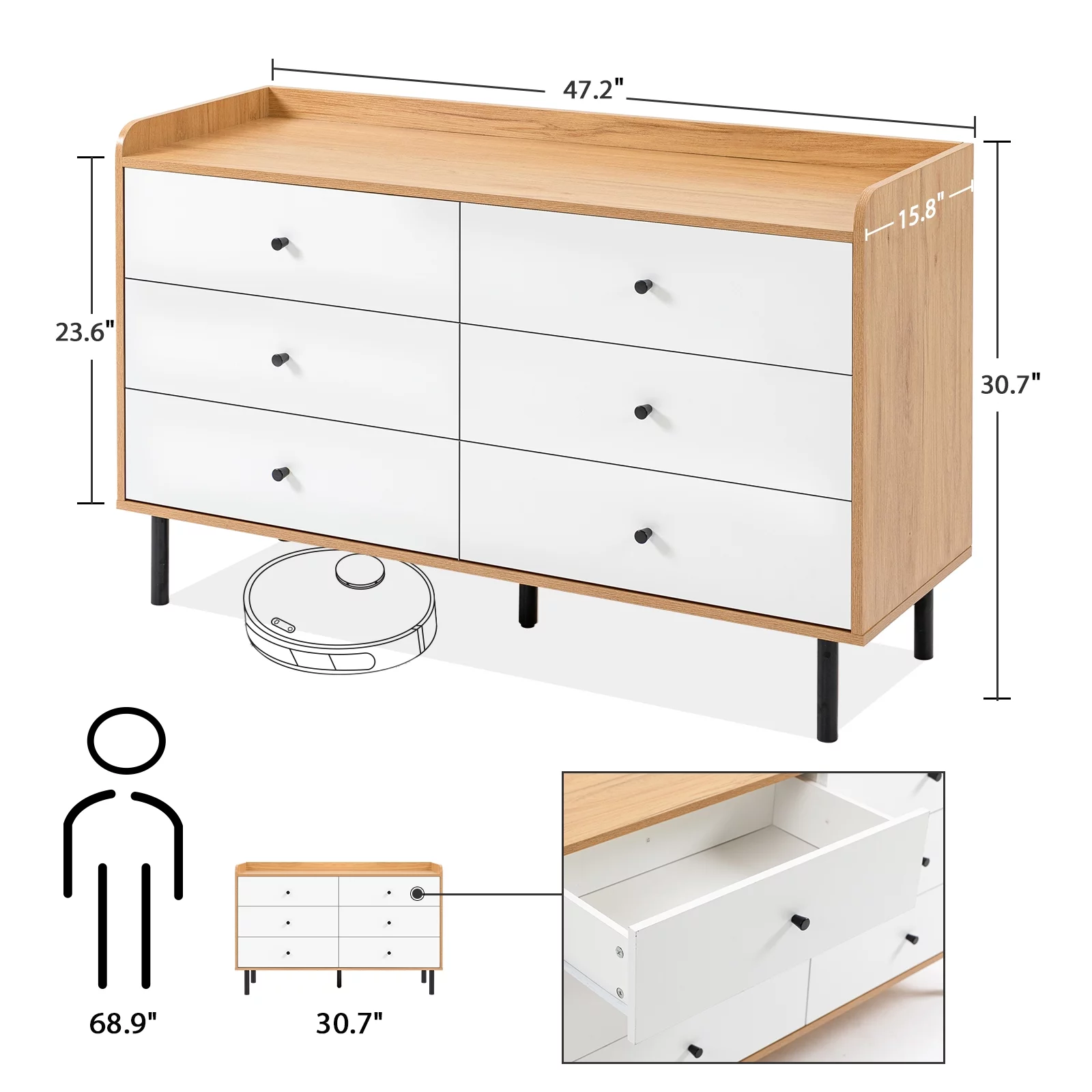 REHOOPEX White Dresser for Bedroom, 6 Drawer Dresser, Modern Chest of Drawers for Nursery, Living Room
