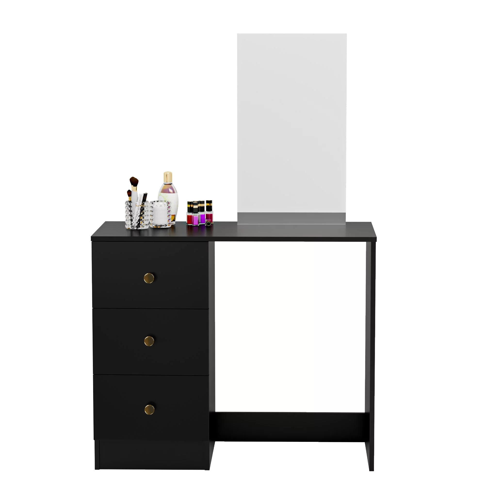 Boahaus Kira MINI Modern Makeup Vanity Set, 3 Drawers, Mirror, Golden Knobs, Black, for Bedroom