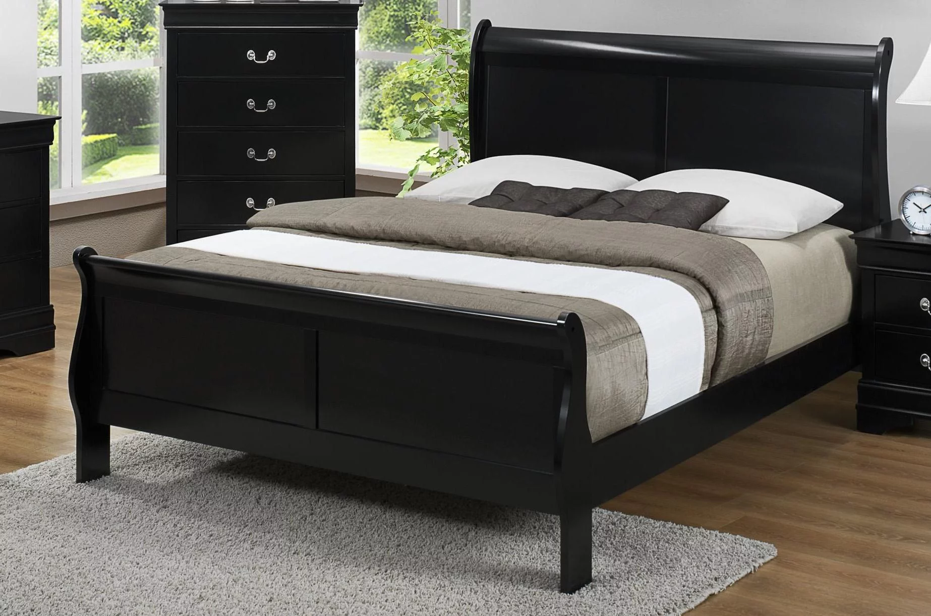 5pc Contemporary Louis Philip King Panel Bed Set Dresser Mirror Nightstand Wooden Bedroom Furniture Black Finish
