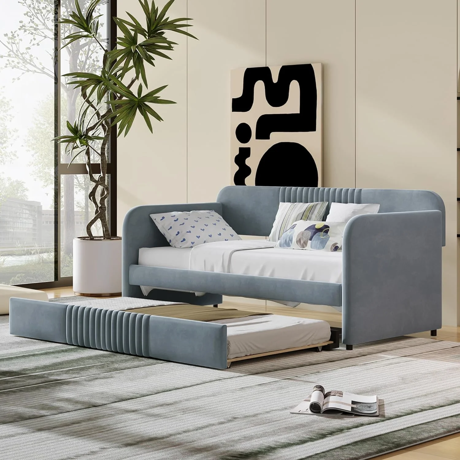 Size Daybed Wi Trundle, Modern Velvet Upholstered Daybed Sofa Bed Frame Wi Trundle Bed For Bedroom, Guest Room, No Box Spring Needed, Easy Assembly, Gray