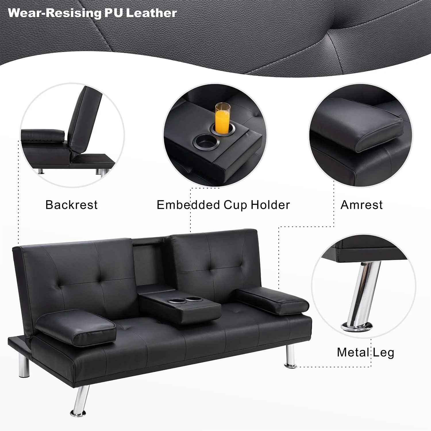 Futzca Modern Faux Leather Couch, Convertible Futon Sofa Bed for Living Room(Black)