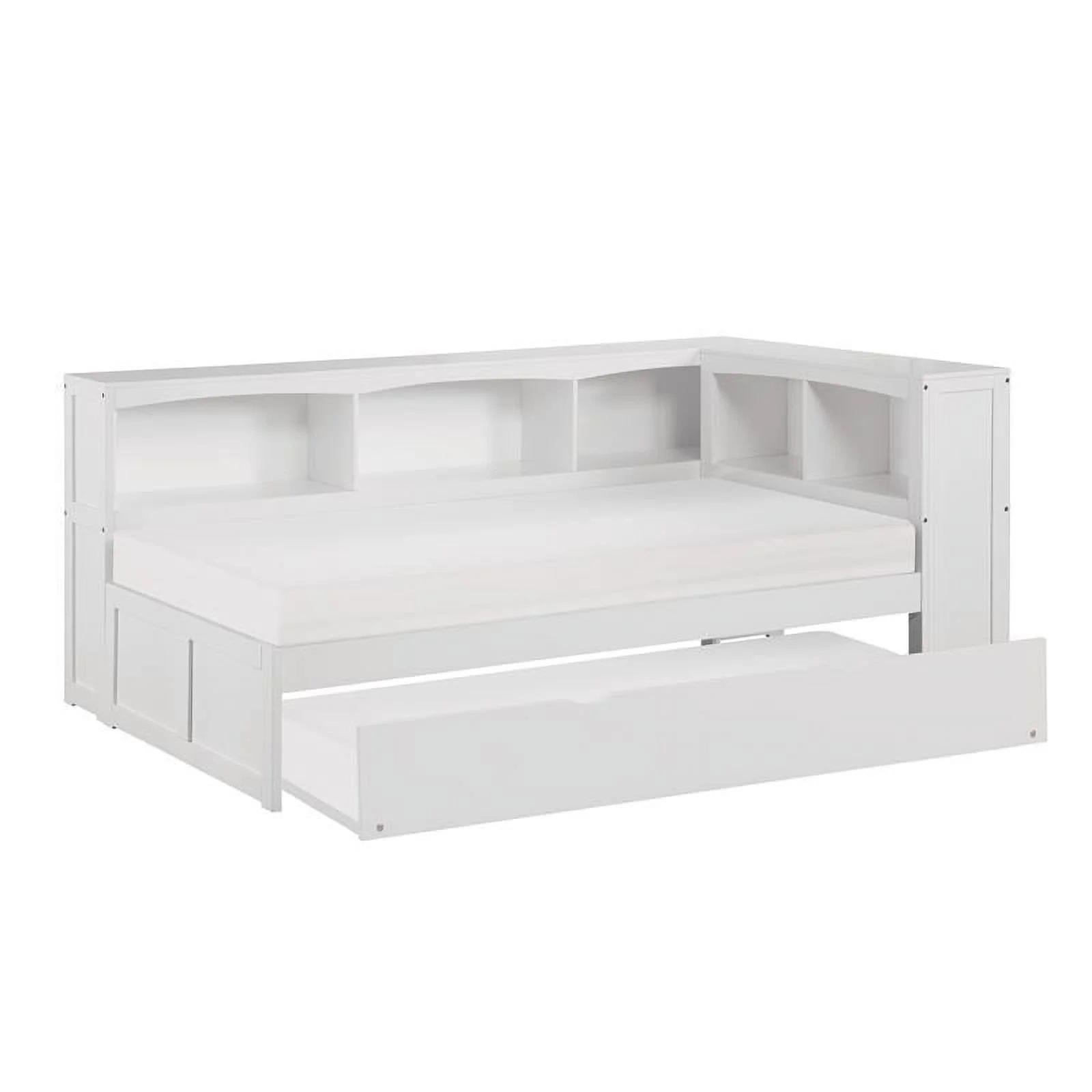 Pemberly Row 5-Shelf Wood Twin Bookcase Corner Bed with Twin Trundle in White