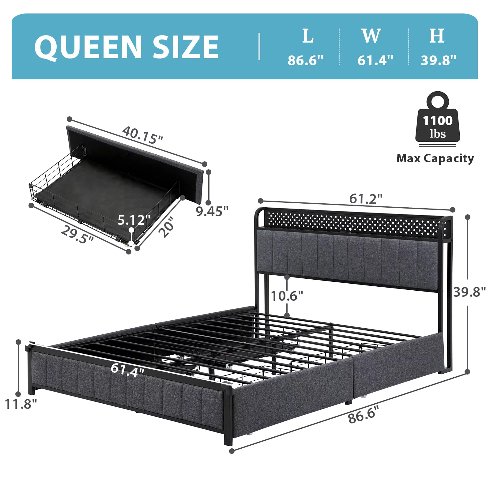 EPHEX Queen Bed Frame with Drawers, Upholstered Metal Platform Bed Frame with USB Ports and Charging Outlets, Dark Gray