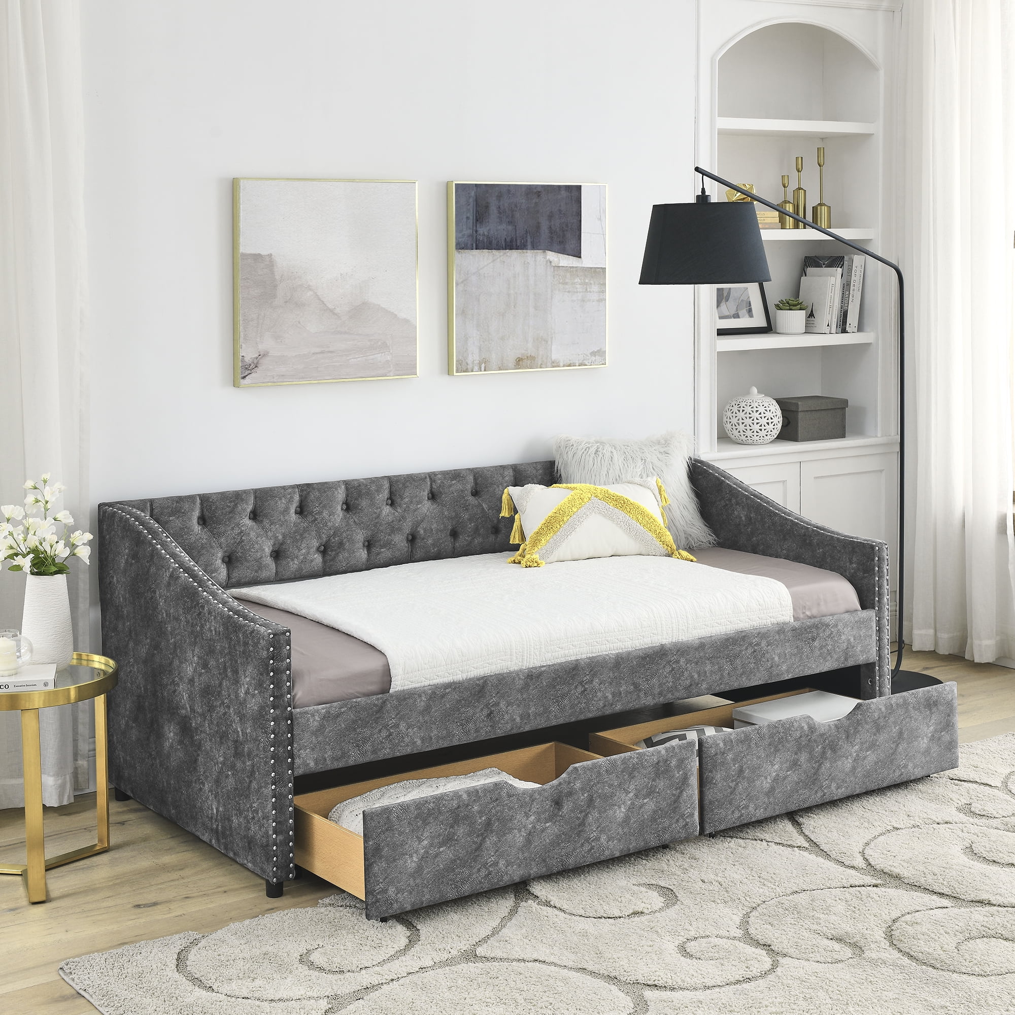 Monspeace Twin Size Upholstered Daybed with Two Storage Drawers,Twin Polyester Sofa Bed Storage Daybed Frame for Bedroom Guest Room - Gray