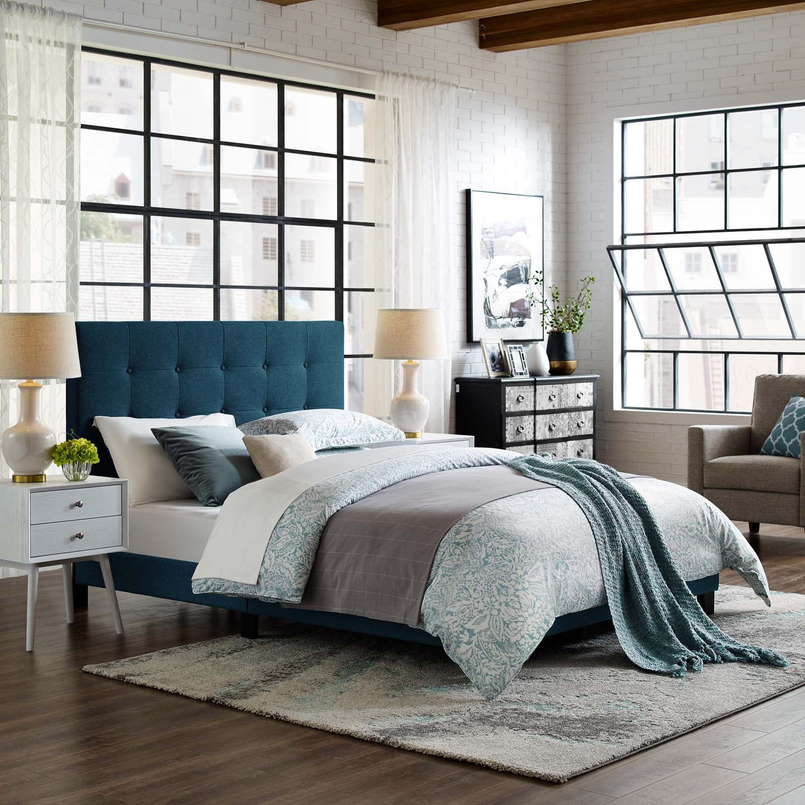 Contemporary Modern Urban Designer Bedroom Twin Size Platform Bed Frame, Fabric, Navy Blue
