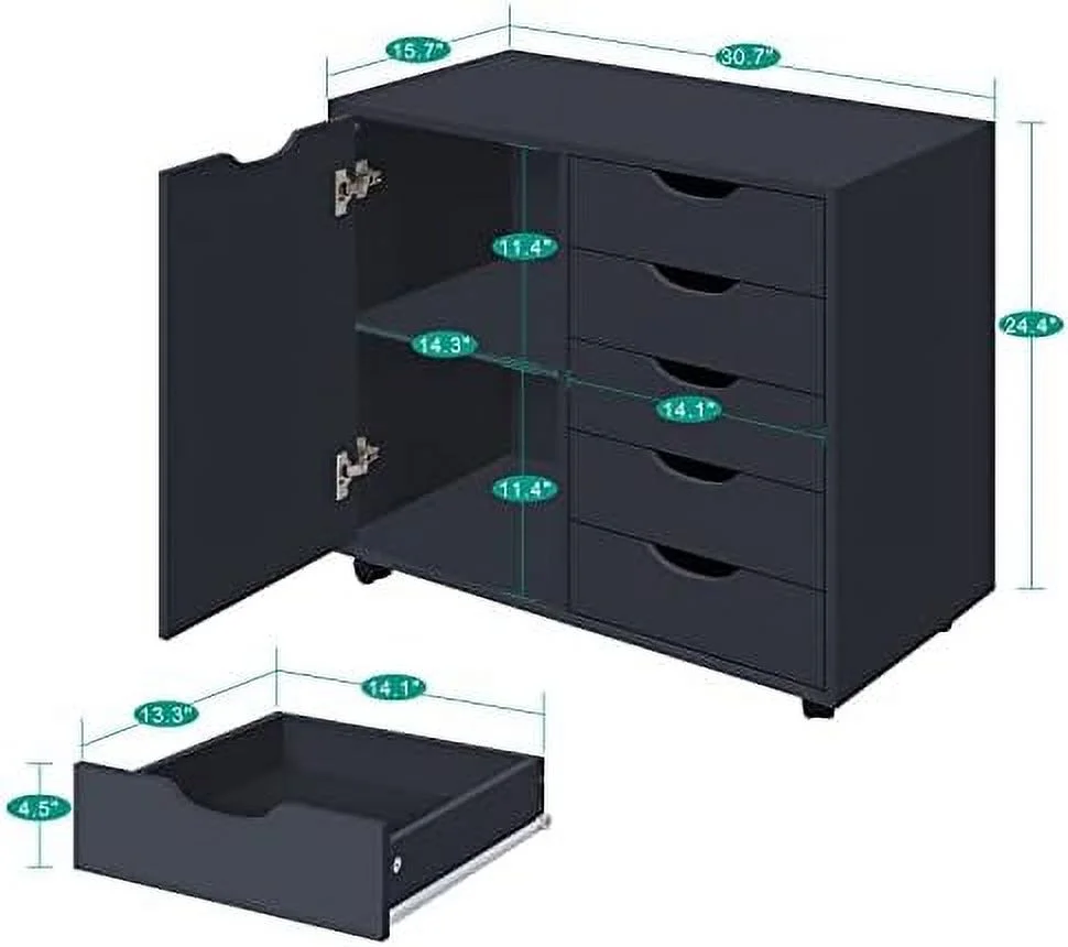 xrboomlife Amy 5 Drawer Chest  Wood  Dresser Cabinet with Wheels  Craft  Organization  Makeup Drawer Unit for Closet Bedroom Office File Cabinet 180 lbs Total Capacity - Distressed Black