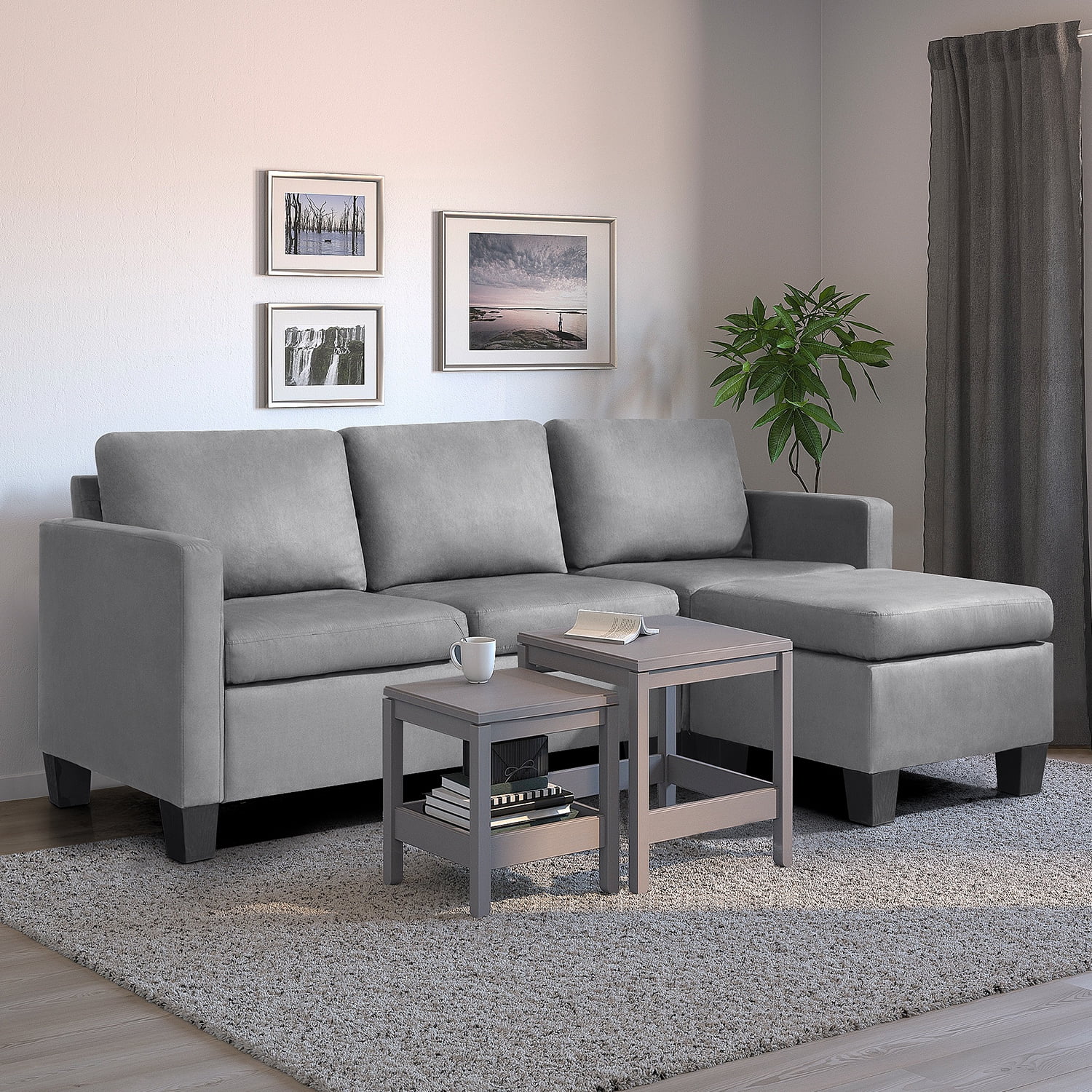 Vineego L-shaped Sofa Suede Fabric Convertible Sectional Sofa with Reversible Chaise 3-Seat Modern Living Room Sofa with Ottoman,Gray