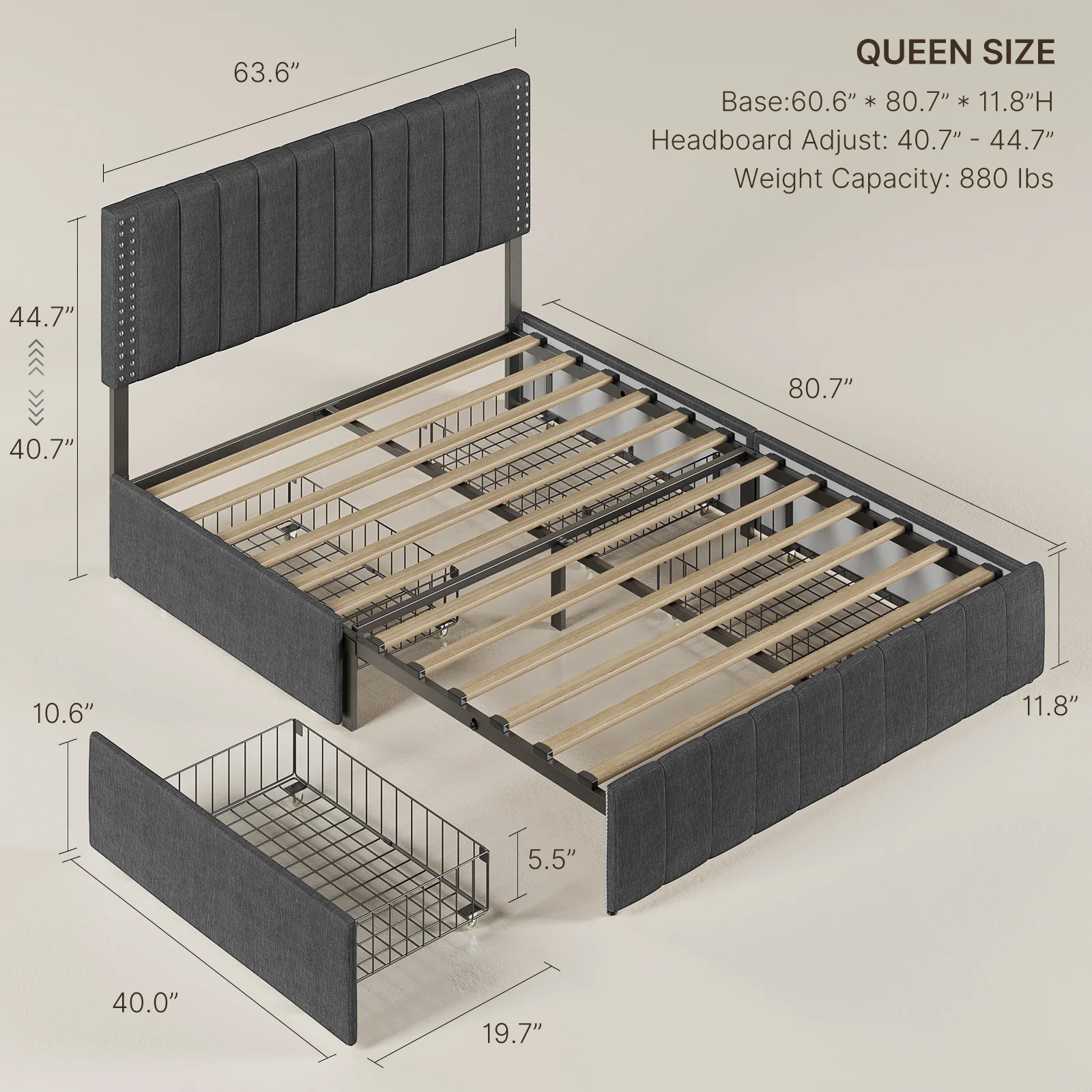 Aiho Bed Frame Queen with 4 Storage Drawers for Bedroom, Dark Grey