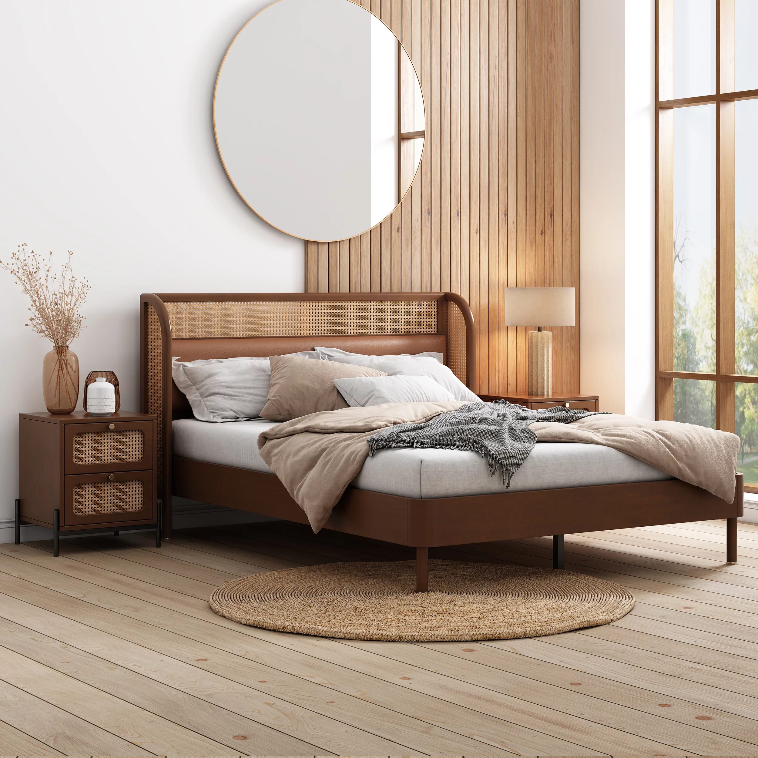 Royard Oaktree 3 Pieces Bedroom Set Queen Size Platform Bed with Rattan and Leather Upholstered Headboard, 2 Pieces Nightstands with 2 Rattan Drawers, Walnut