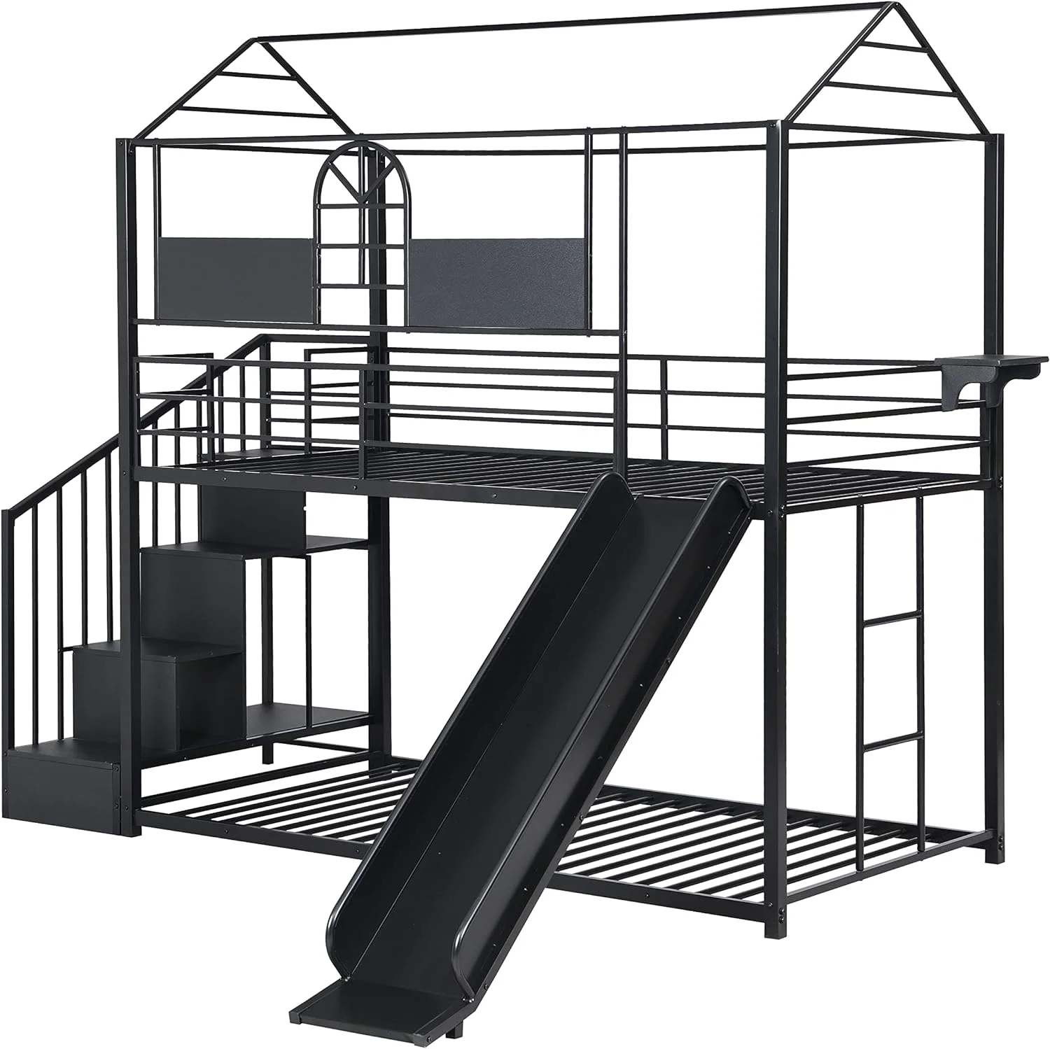 House Buk Bed With Slide Ad Stairs Over Floor Buk Bed Frame Metal Playhouse Buked With Storage Shelves For Kids Boys Girls Tees, Black