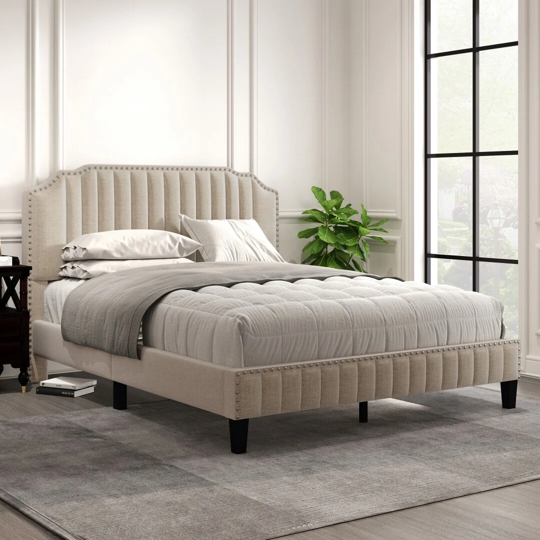 Siavonce Modern Linen Curved Upholstered Platform Bed Beige